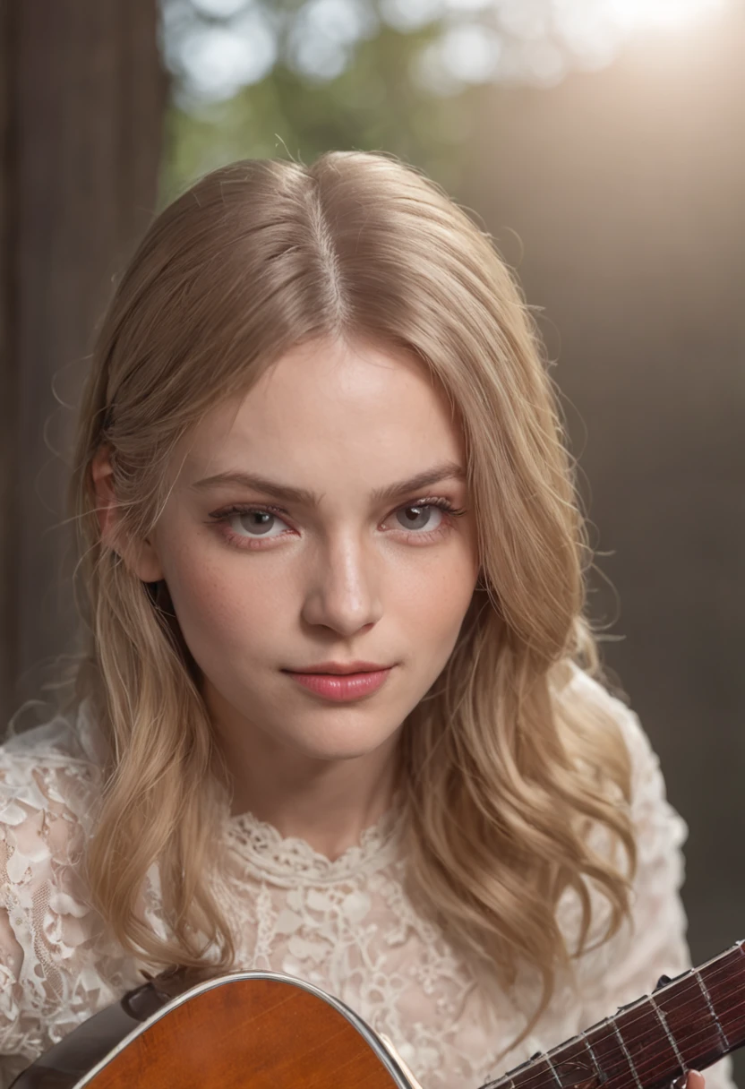 Young woman, blond hairbl, Dark eyes,Playing guitar（Show the guitar in its entirety）, Face humans, The is very detailed, The best quality of realism， 8k ultra-realistic， high detal --auto --s2