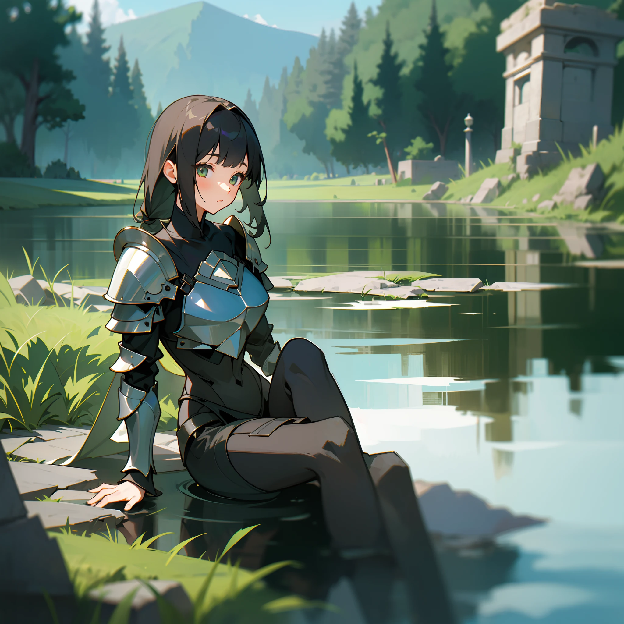 mksks style, (very detailed background:1.0), (highly detailed background:1.0), 1girl, full_body, looking_at_viewer, masterpiece, best quality, (1girl, solo, girl:1.2), falls, lake, grass, jumping, stone ruins, chromatic aberration, depth of field, soft lighting, washing body, take off armor, resting beside the lake