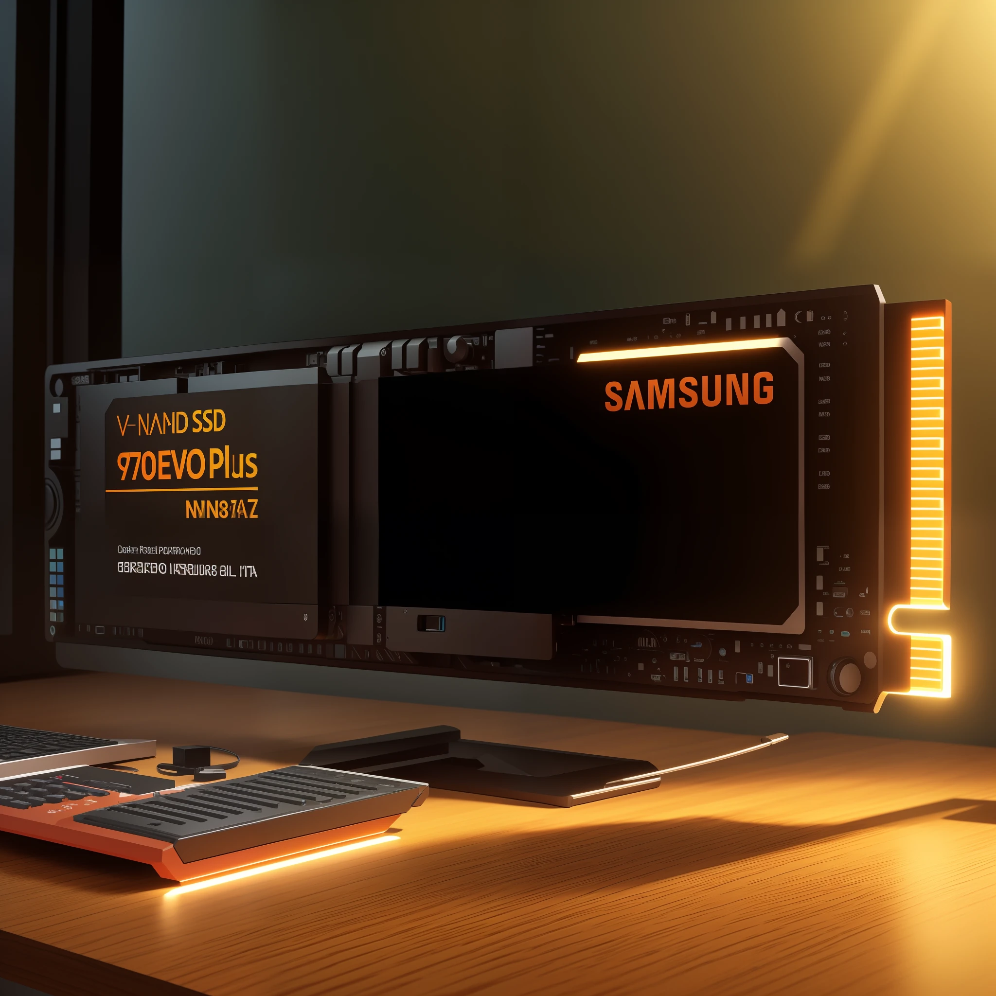 An SSD on the smooth-textured wooden office desk in a room full of greenery. The picture is clear (Sharp: 0.7) and displays a colorful explosion of psychedelic paints (cores: 1.21), With incredible detail. Na mesa, Accessories include the Nikon D850 with Kodak Portra 400 photo film and f1 lenses.6, garantindo cores ricas e textura realista. Lighting is dramatic, and all around are the computer, enquanto, teclado e cabo USB.