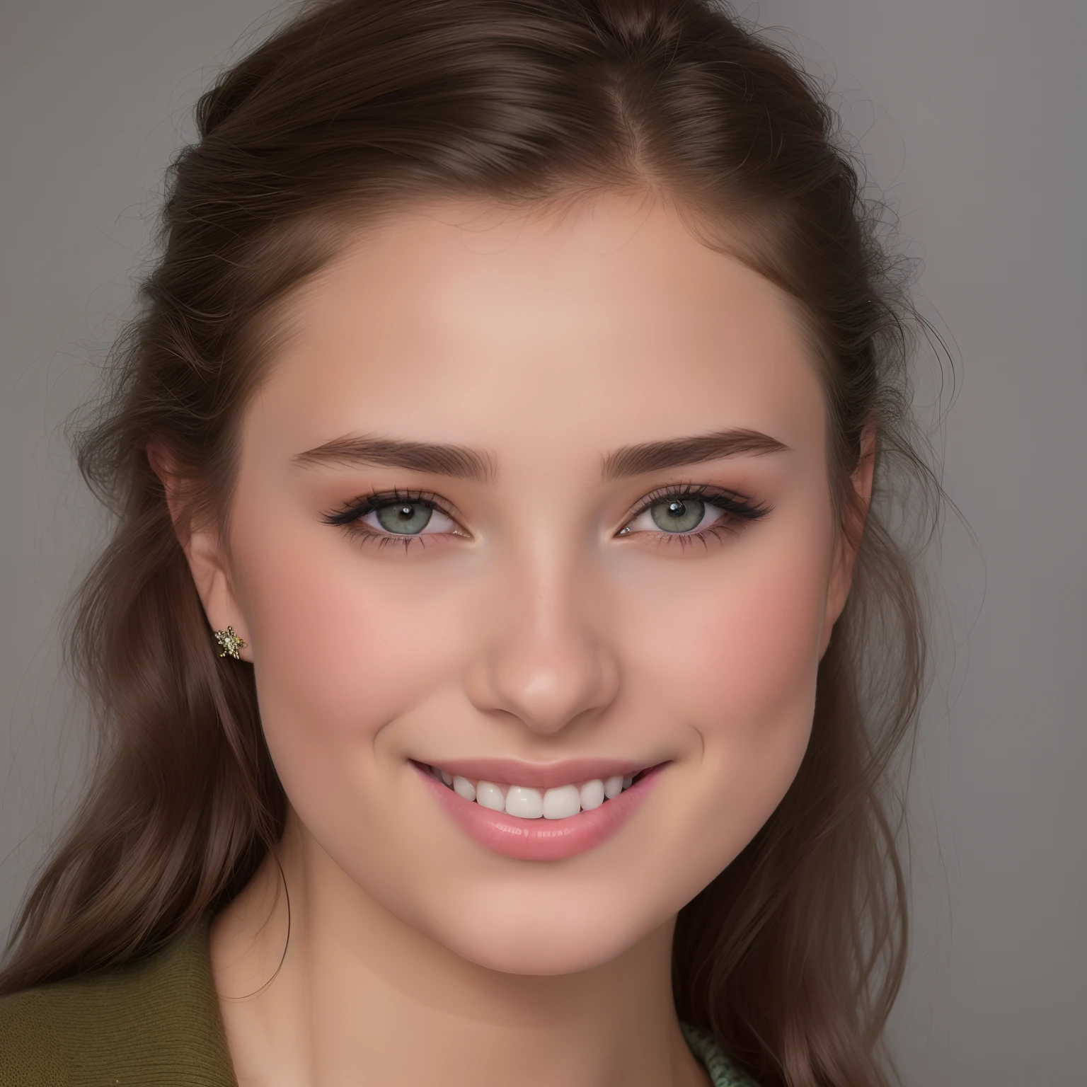 femme souriante aux longs cheveux bruns et chemise verte posant pour une photo, Portrait Sophie Mudd, Mia Kischner, Photographie de portrait, Emily Rajtkowski, Daniela Uhlig, Alexandra Waliszewska, Johanna Rupprecht, head portrait, Katinka Reinke, Photo de la jeune femme, headshot photo, Magdalena Radziej