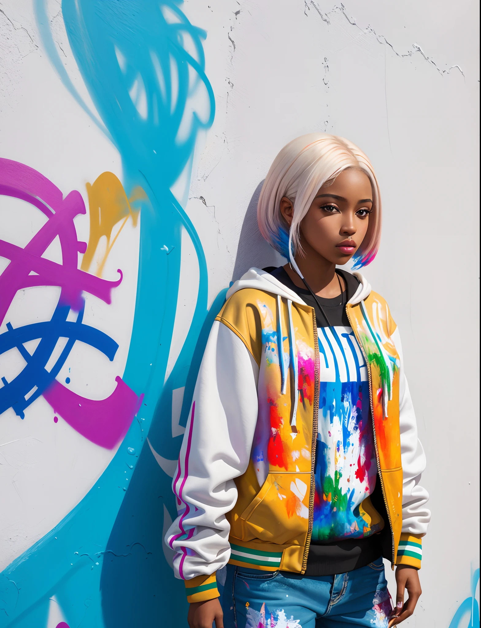 Graffiti painting, street art, 24k extremely detailed CG unit wallpaper, 16k landscape, artwork, masterpiece, best quality, amazing light brushstrokes, of a 21 year old African American girl with platinum hair in graffiti style on a white wall with vibrant colors.