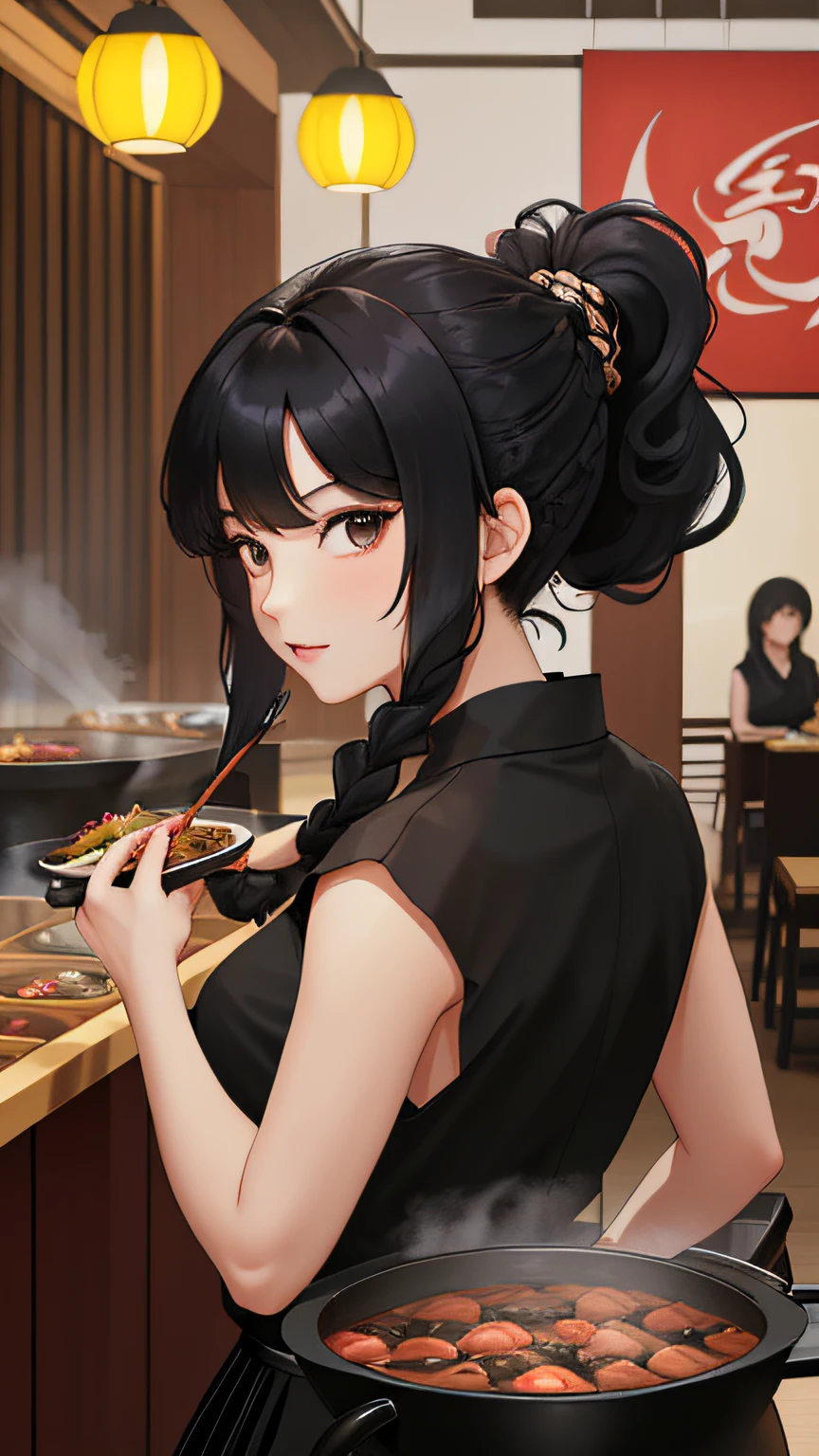 (Masterpiece), (Best quality), {Girl|Lady}, view the viewer, {day|Night}, {Eat hot pot|Hot pot restaurant},
{Long hair with natural waves|Shaggy cut|Long bold side bangs|Curly hair|Neat ponytail|Sleek pixie cut|High gang knot，With twisted braids|Voluminous updo|Undercut}