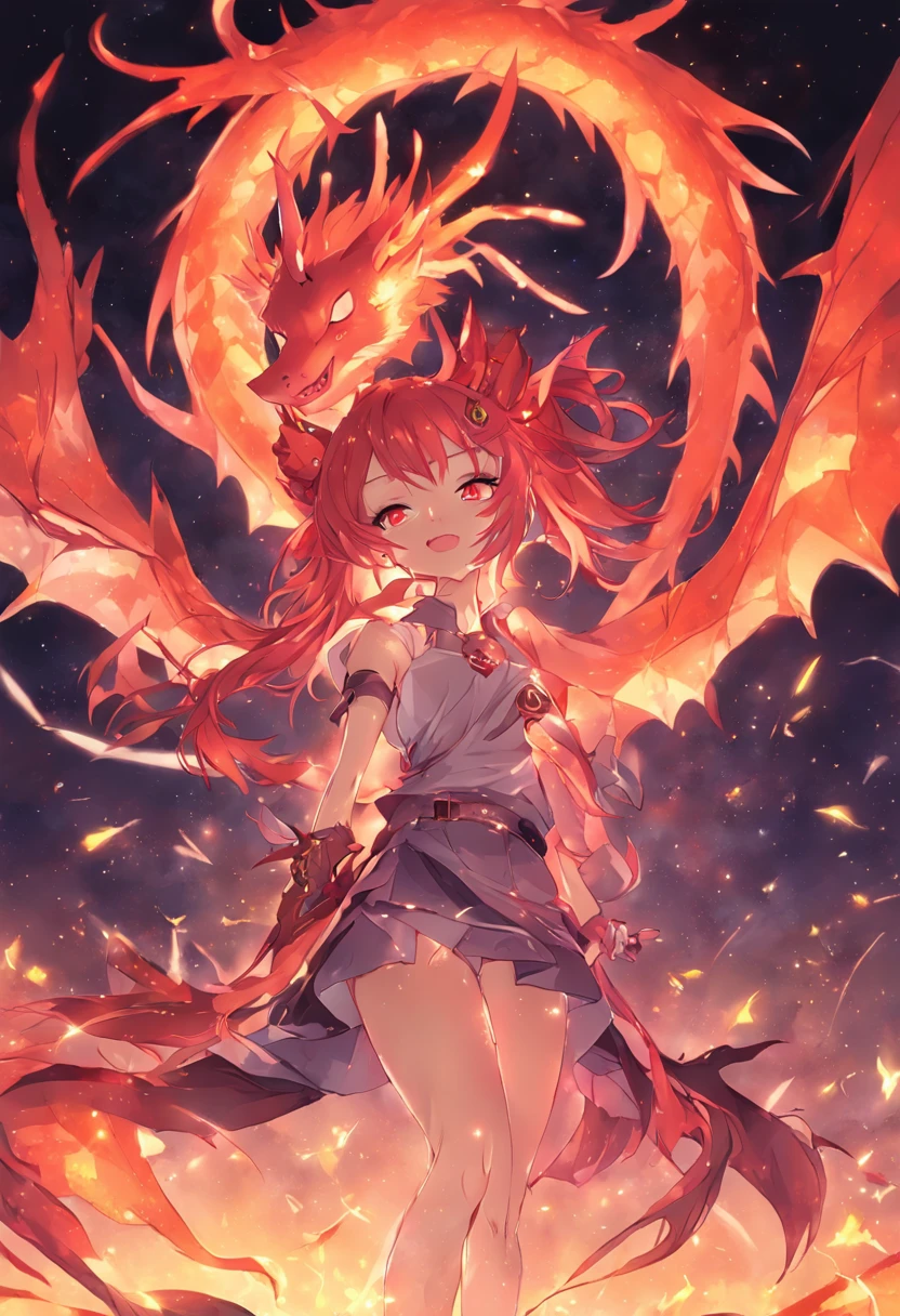 double tails、No single side angle、Dragon girl、Girl with horns，Double tail，light-red hair、Girl with two teeth、One-winged demon、Devil Girl、Dragon girl、There are no bright spots in the eyes，ssmile，black leg rings，Hong Barren starry sky background