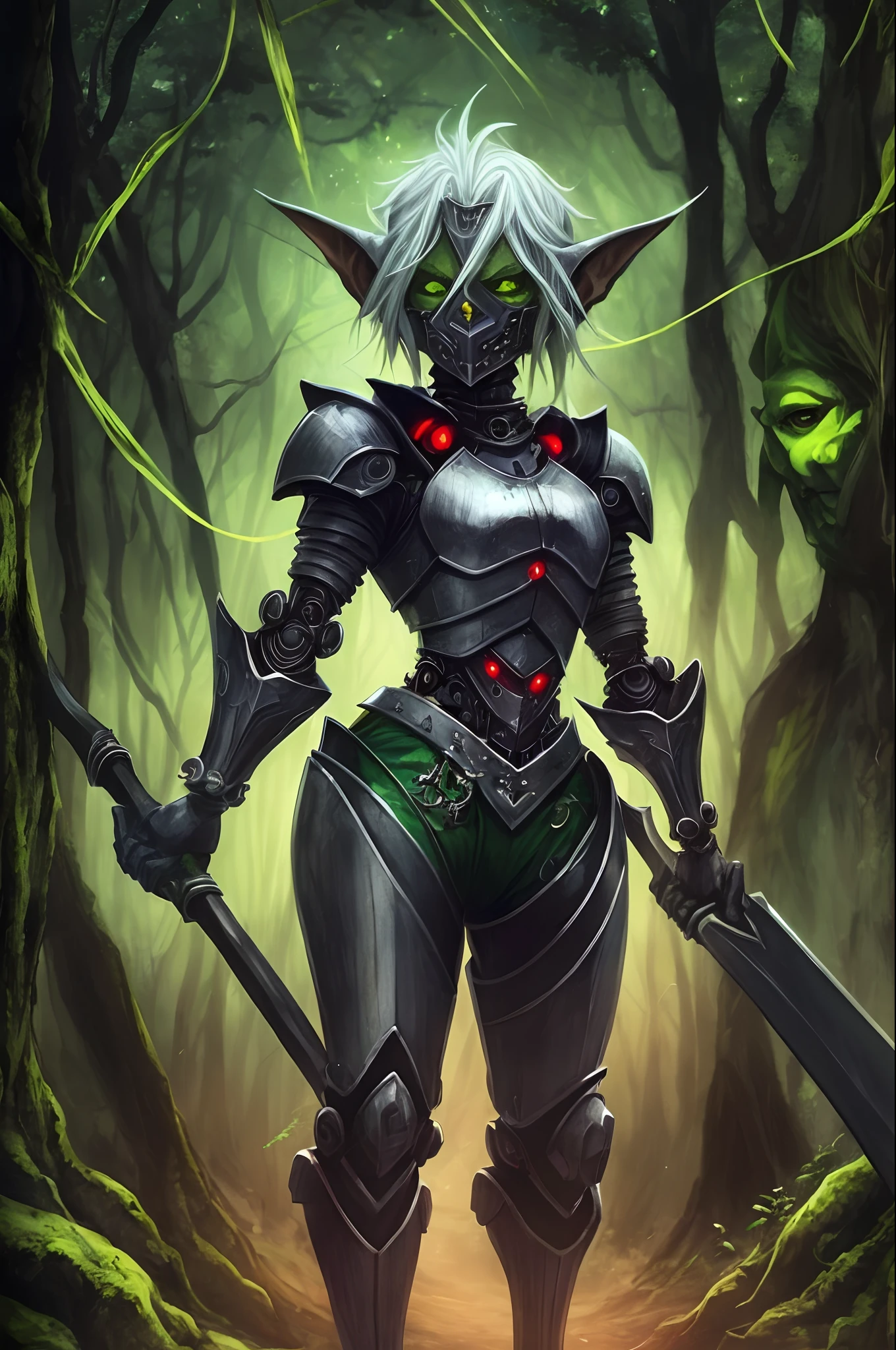 female elf, combat suit, (walking through a very dark sewer:1.4), (being followed by a monster:1.4)
