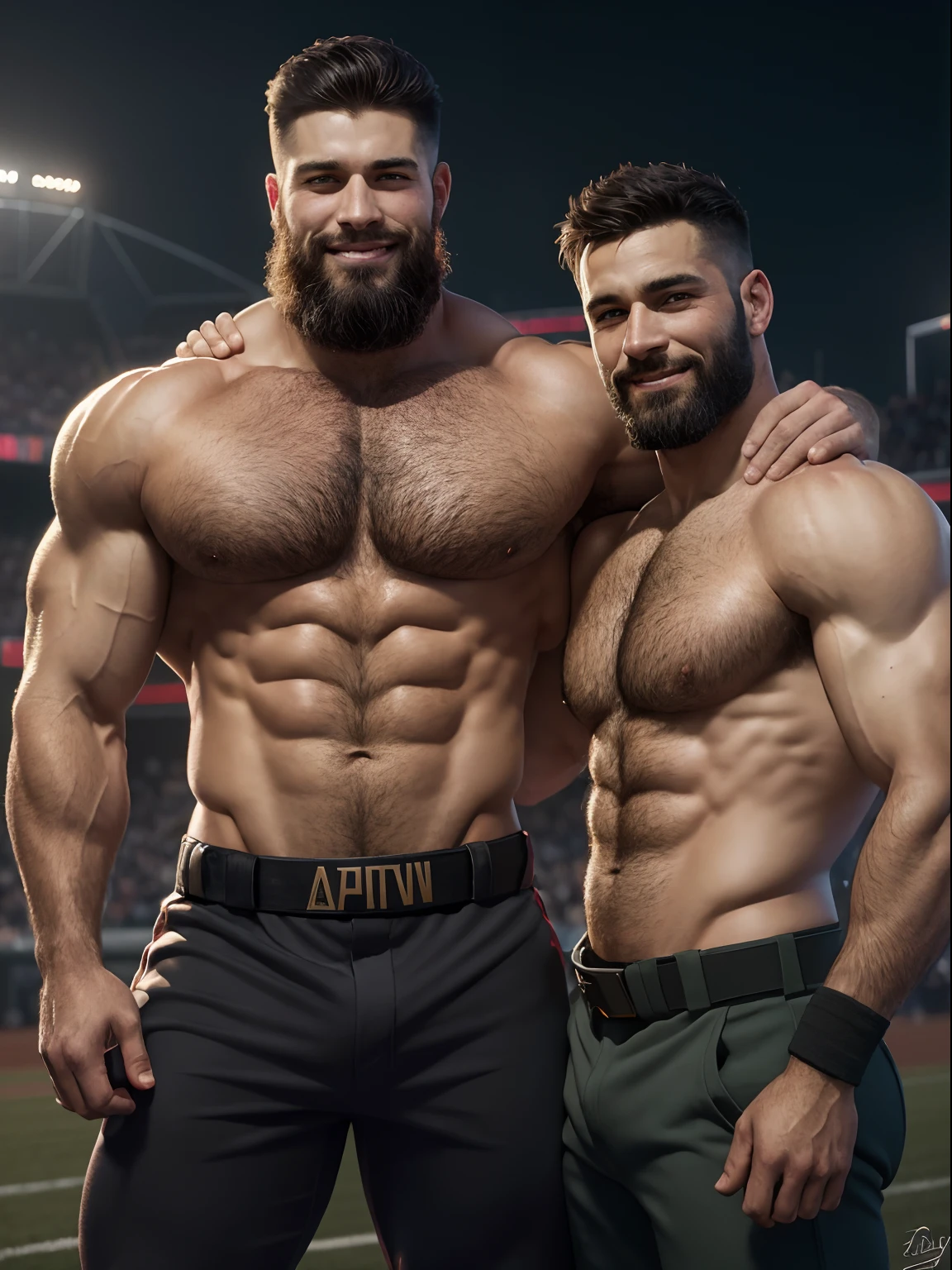 A three Soviet Union soldiers, hairy body, alpha male, huge biceps, baseball pants, sunny stadium, snuggle together, threesome, smile, 4k, high detailed, beautiful, dark age, art by Stanley artgerm, by Daniel f gerhartz, by pino daeni, highly detailed, sharp focus.