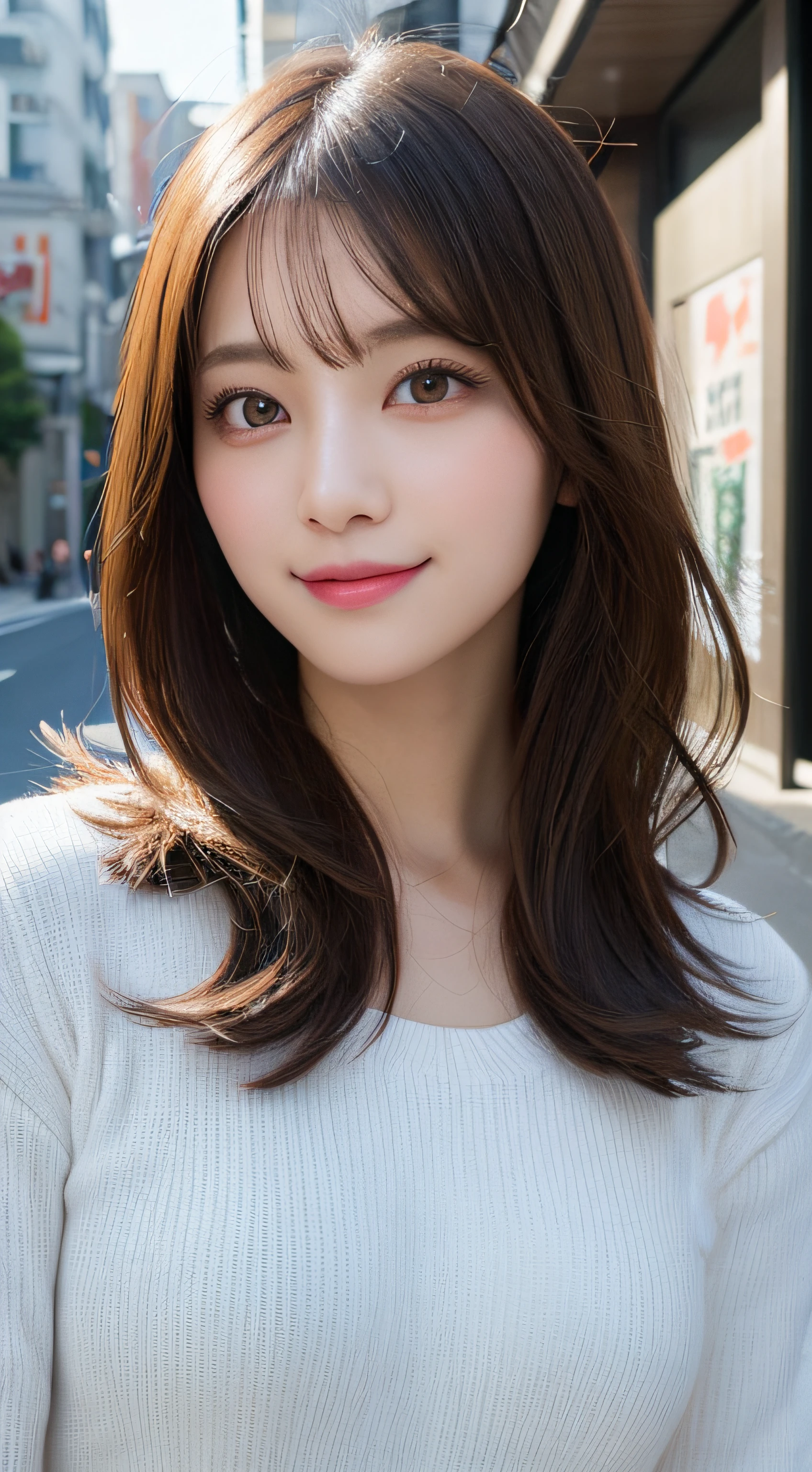 masutepiece, Best Quality, Illustration, Ultra-detailed, finely detail, hight resolution, 8K Wallpaper, Perfect dynamic composition, Beautiful detailed eyes, doress,Medium Hair, Natural Color Lip, Random and sexy poses,Smile,Aoyama Street Walk、26-year-old girl