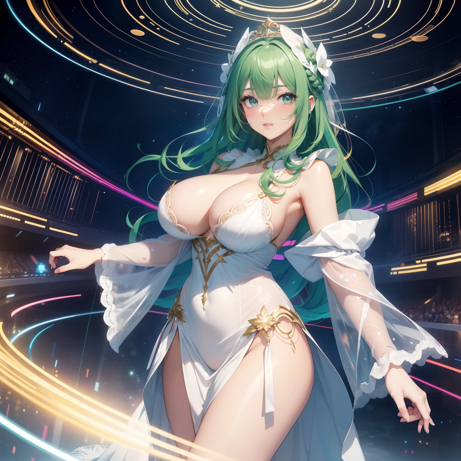 super high image, super detail, super high resolution, anime, manga, illustration, super beautiful goddess, glossy french braid hair, green big sparkling eyes, alluring moist lips, white lace robe dress, huge , under boob, sboob, greatportion, perfect proportion, slender, full body, background fantasy, galaxy, magic circle, kaleidoscope, give off rainbow and gold neon light many lines radially from floor and ceiling, planet, thunder, thunderstorm, professional lighting