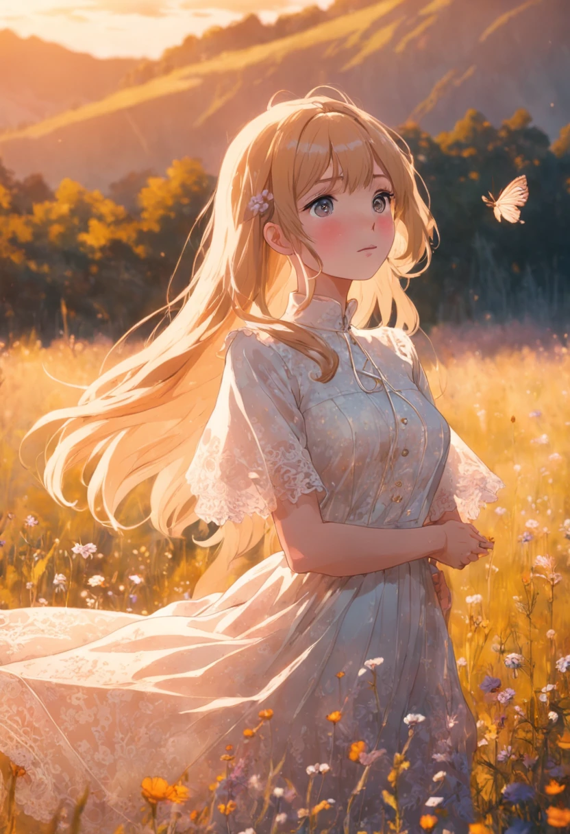 Photo photo semi close portrait of a curious woman Vintage 60's nostalgia, golden hour, Vogue Haute Couture, 35mm portrait of a woman in a modest white lace dress wondering in a field of wildflowers. couleur chaude. vif. Realstic. Idinsouciance joyeuse joie bokeh fond. Peaceful aesthetics. softlighting. artistic lighting. Feminine elegance. taquiner