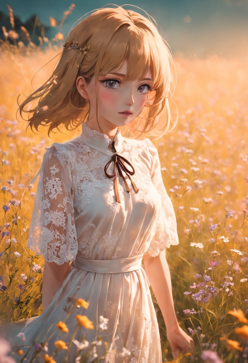 Photo photo semi close portrait of a curious woman Vintage 60's nostalgia, golden hour, Vogue Haute Couture, 35mm portrait of a woman in a modest white lace dress wondering in a field of wildflowers. couleur chaude. vif. Realstic. Idinsouciance joyeuse joie bokeh fond. Peaceful aesthetics. softlighting. artistic lighting. Feminine elegance. taquiner