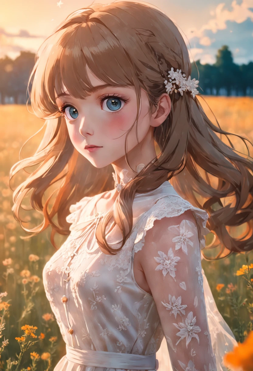 Photo photo semi close portrait of a curious woman Vintage 60's nostalgia, golden hour, Vogue Haute Couture, 35mm portrait of a woman in a modest white lace dress wondering in a field of wildflowers. couleur chaude. vif. Realstic. Idinsouciance joyeuse joie bokeh fond. Peaceful aesthetics. softlighting. artistic lighting. Feminine elegance. taquiner