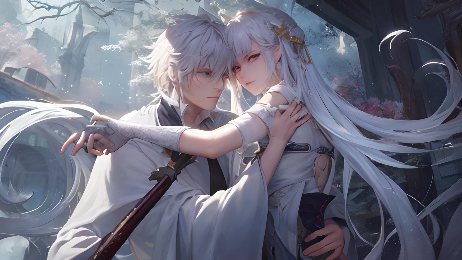 Close-up of a couple in a white robe holding swords,they are hold swords fighting each other,two characters portrait by Yang J,The popularity of CGsociety,Fantasyart,beautiful character painting,Guviz-style artwork,Guvitz,white hanfu,flowing white robe,full-body wuxia,epic exquisite character art,stunning character art,Beautiful couple assassin