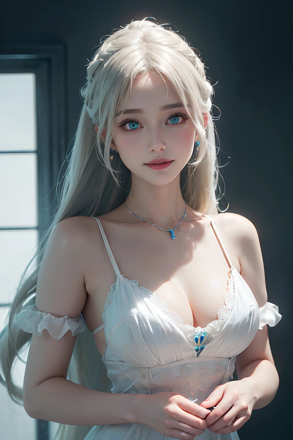 poneyTail, White beige, hair clips, colored contact lenses(Sherry Greige), aqua eyes, breastsout, smiley, Jewelry, Modern, Chiaroscuro, Cinematic lighting, NIKON, 85 mm, High quality, 8K, Best Quality, Super Detail
