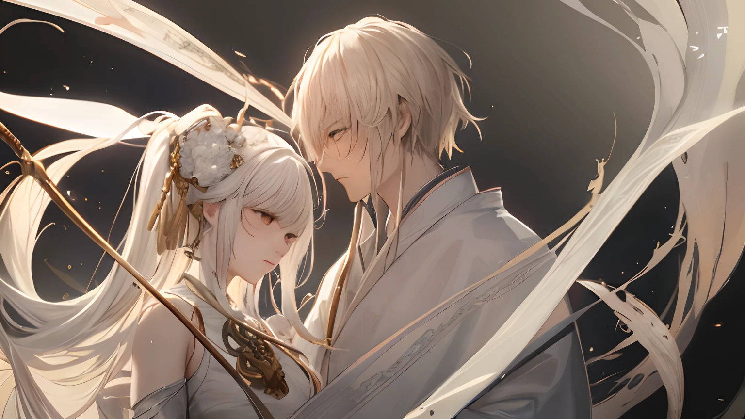 Close-up of a couple in a white robe holding swords,they are holding swords fight each other,two characters portrait by Yang J,The popularity of CGsociety,Fantasyart,beautiful character painting,Guviz-style artwork,Guvitz,white hanfu,flowing white robe,full-body wuxia,epic exquisite character art,stunning character art,Beautiful couple assassin