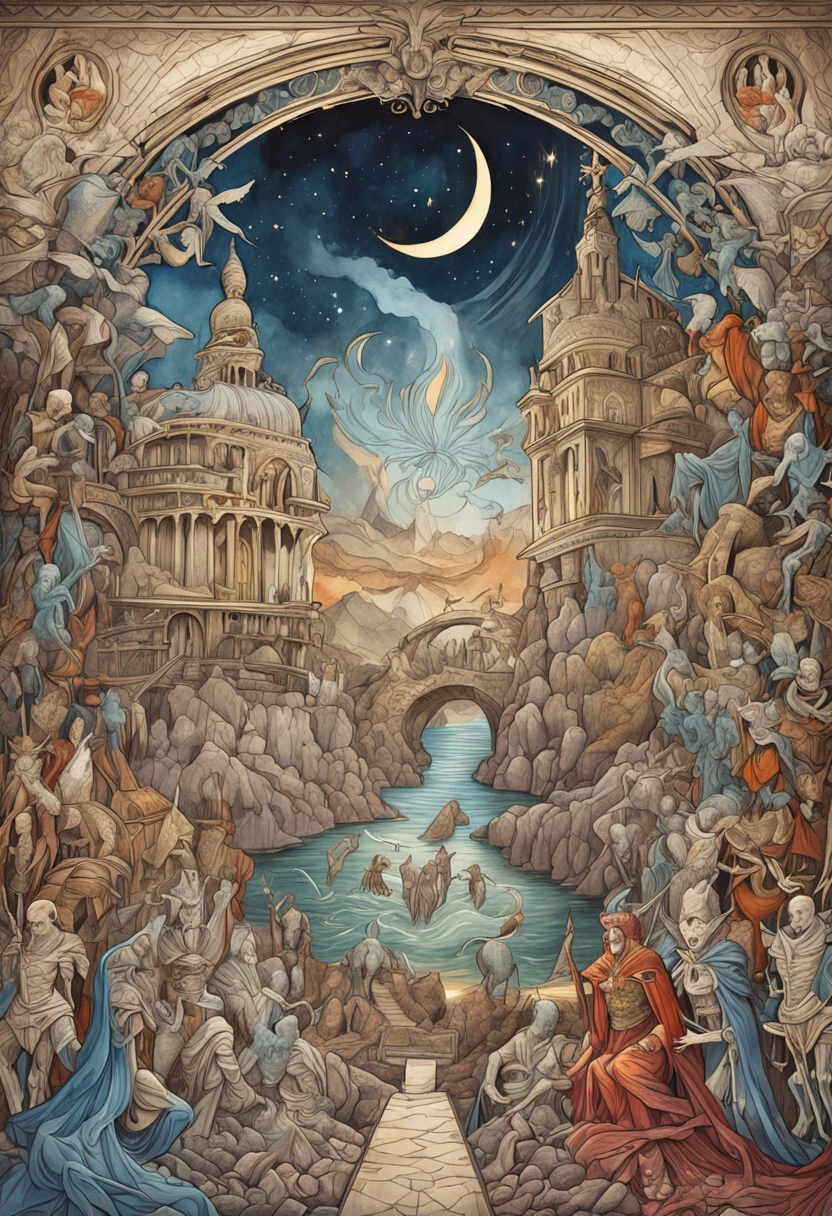 The skeletons and Lucifer talk to each other above a pile of corpses, fantasy, Intricate, elegant, Highly detailed, Centered, symetry, picure, Intricate, voluminetric lighting, Beautiful, rich deep colors masterpiece, Sharp focus, Ultra detailed, in the style of dan mumford and marc simonetti, astrophotography