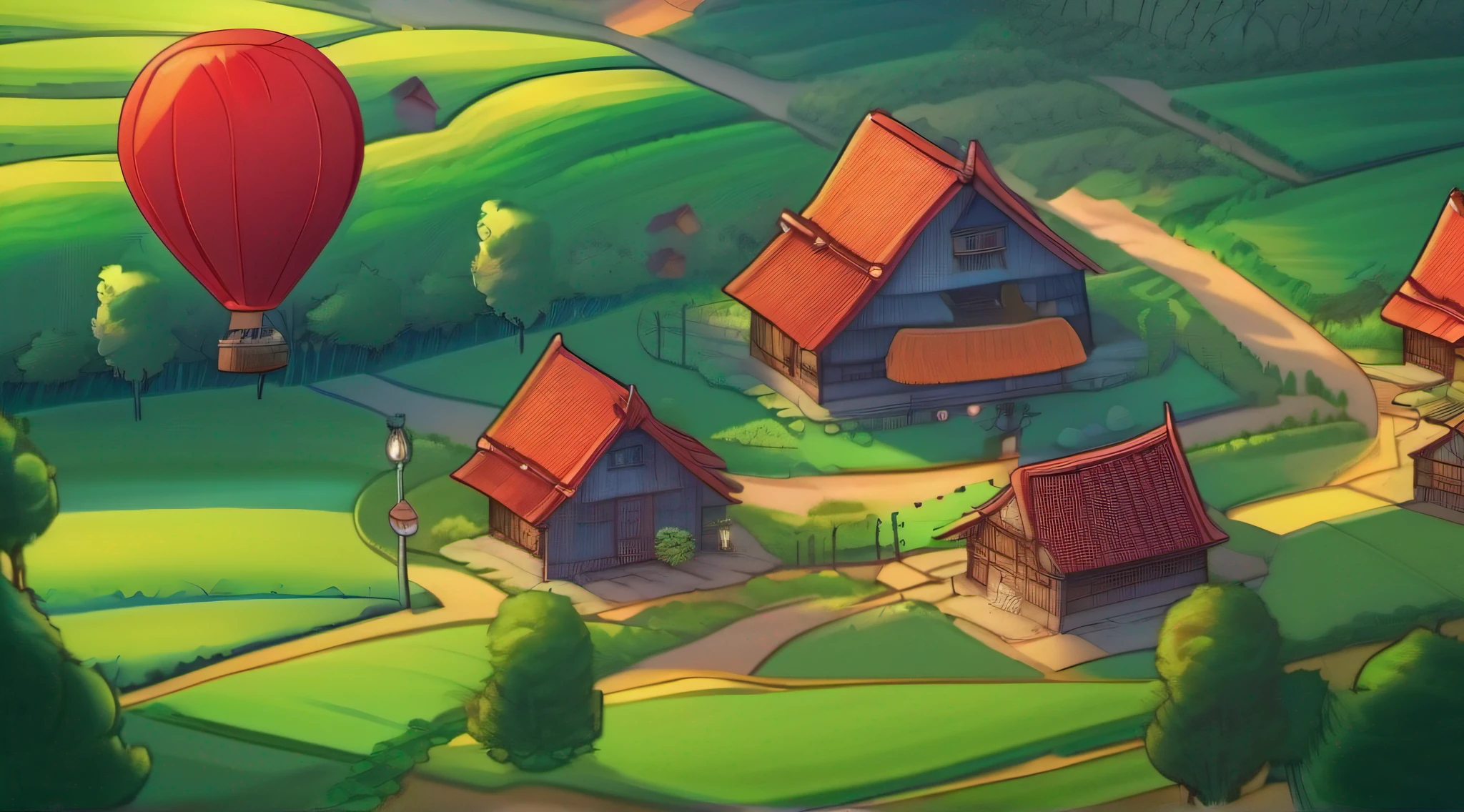 peasant village, green fields, houses with red roofs, the sunset gives way to night, a starry sky begins to emerge, aerial image, a gas balloon flies over the village, immersive image, anime style, book cover style