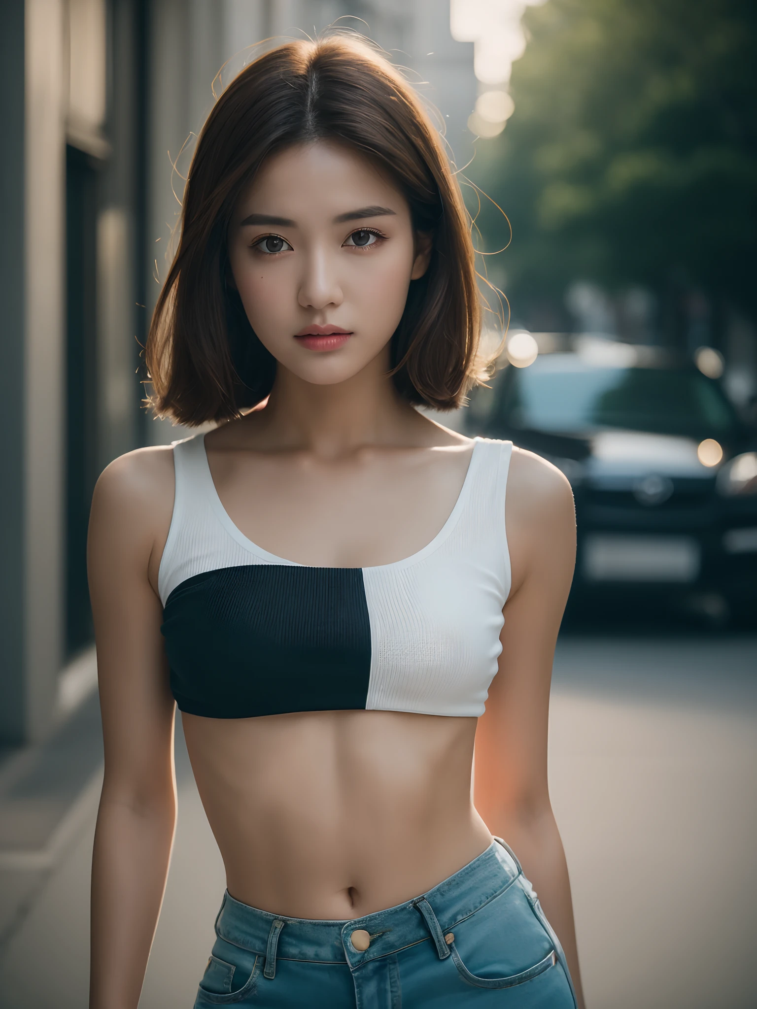 ((Realistic lighting, Best Quality, 8K, Masterpiece:1.3)), Clear focus: 1.2, 1girl, Perfect Body Beauty: 1.4, Slim Abs: 1.1, ((Dark brown hair)), (White crop top: 1.4), (Outdoor, Night: 1.1), Hot pants, shorts, tight,, Bust, Bust, City Street, Super Fine Face, Fine Eyes, Double Eyelids,
