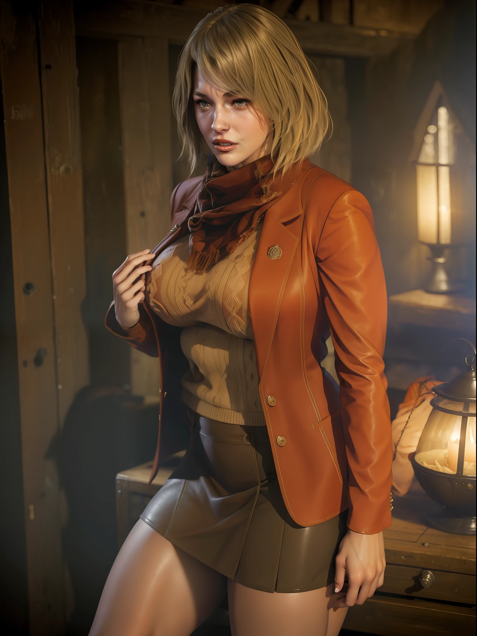 ashley graham an American woman from resident evil, on a old village whit a begie color sweater an mini skirt of brown fabric, blond hair. (front)