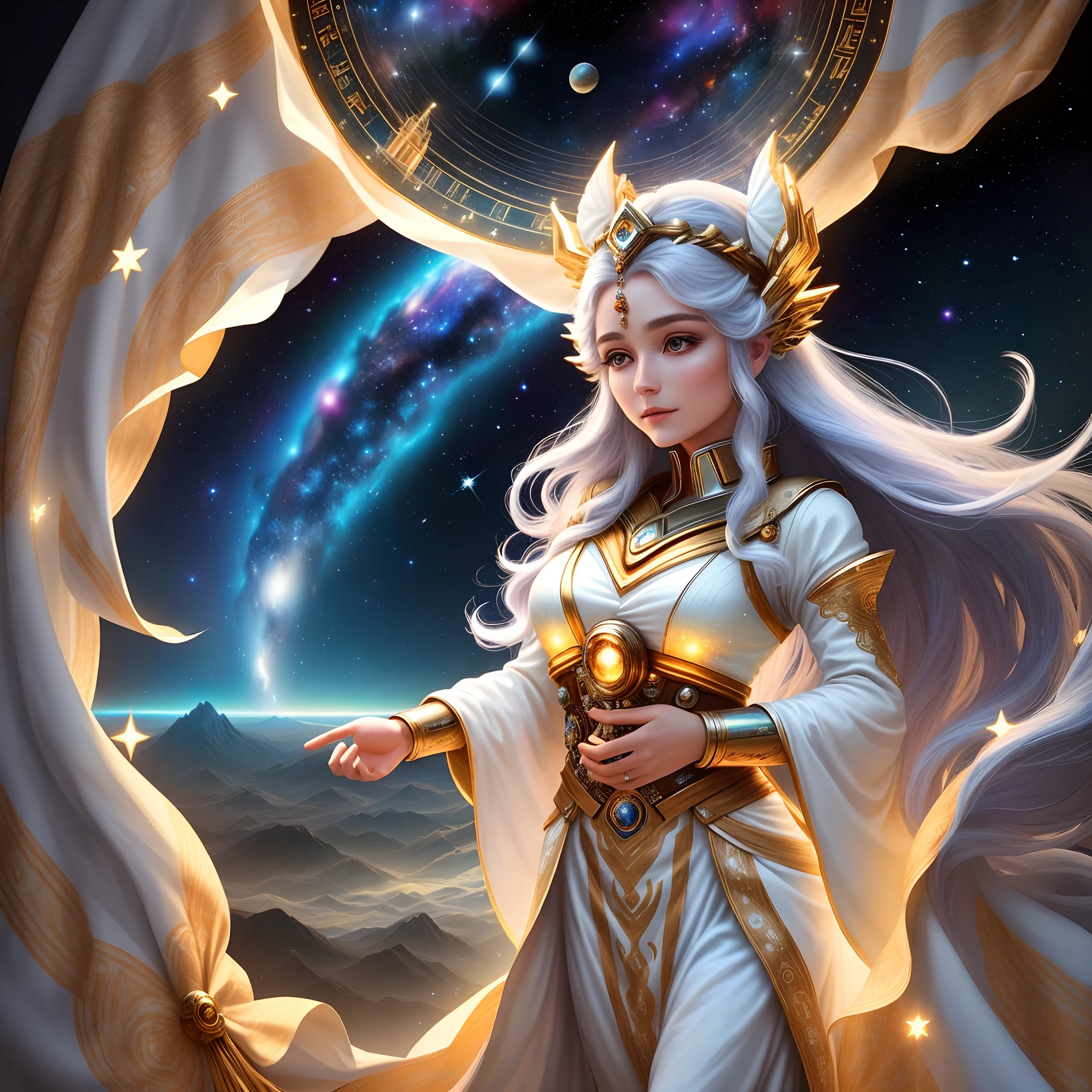 In space, The goddess sails through the universe,Gorgeous. She illuminated her path with her own energy, Her beauty illuminates everything around her. stars, All the beauty of galaxies and the universe is all around her. She wears beautiful fabrics and incredible embroidery, Her endless hair seemed to fly behind her.