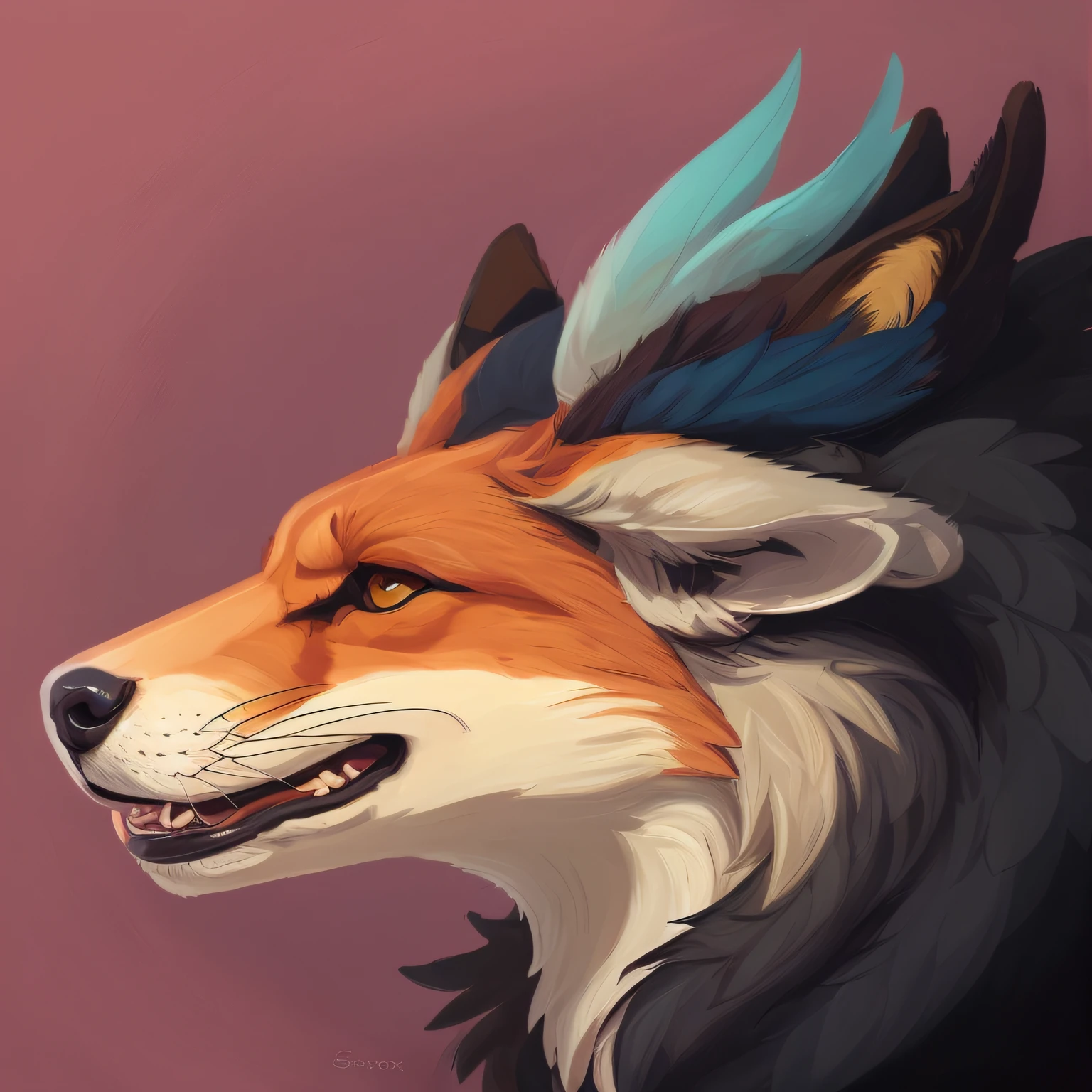There is a painting,It is a dragon with blue and yellow feathers, canid,anthro portrait, furry character portrait, avian!!! fursona, lovely digital painting, portrait of an anthro fox, Gryphon, creature bust, fursona art, anthro art, Sly smile, cocky smirk, Detailed digital painting, Fluffy blue skin, portrait of a small,Hairy head