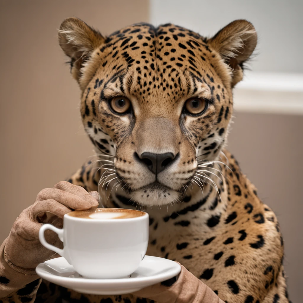 (melhor qualidade:1.23), (obra-prima:1.12), (realista:1.24), (anthropomorphic jaguar:1.5) holding a cup of coffee, sentado, in a bathrobe, having breakfast and holding a cup of coffee, kalap, particuls, volumeric lighting, sala queimando, burning floor and chair, muitos gadgets e equipamentos em chamas, smoke billowing, (chamas ao redor:1.2),