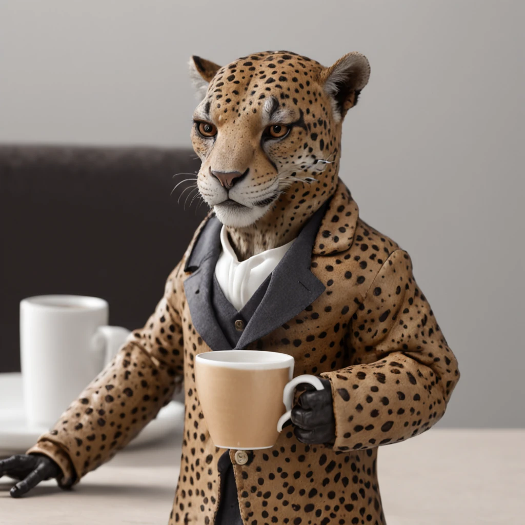 (melhor qualidade:1.23), (obra-prima:1.12), (realista:1.24), (anthropomorphic jaguar:1.5) holding a cup of coffee, sentado, in a bathrobe, having breakfast and holding a cup of coffee, kalap, particuls, volumeric lighting, sala queimando, burning floor and chair, muitos gadgets e equipamentos em chamas, smoke billowing, (chamas ao redor:1.2),