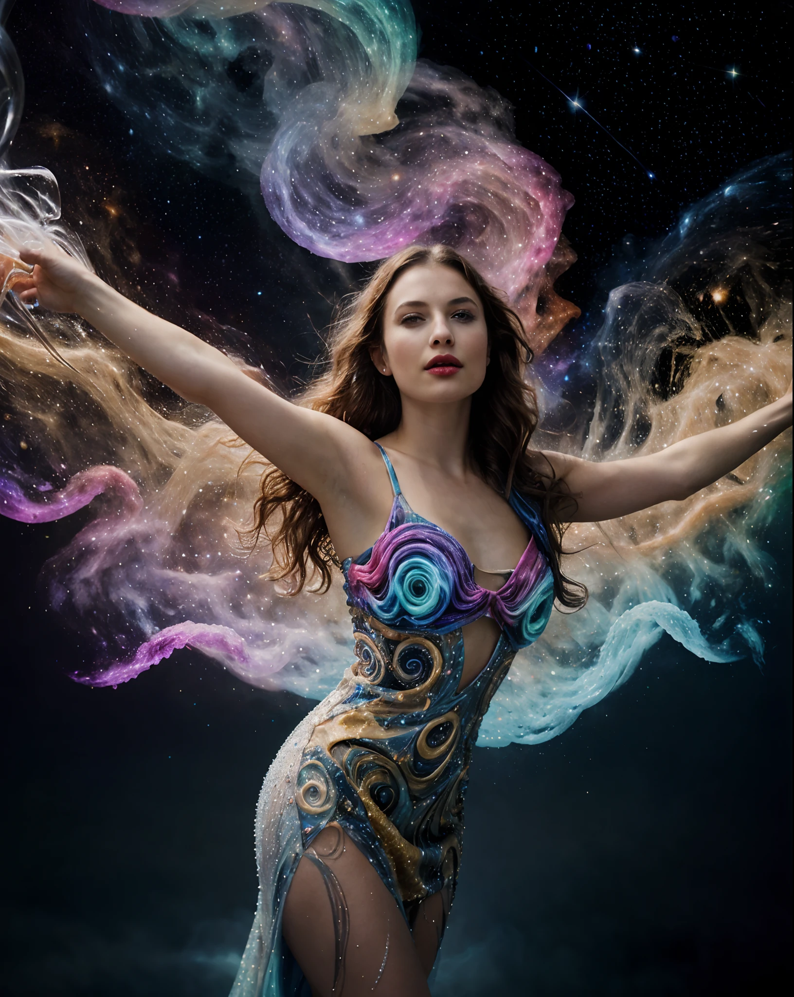 ((Upper body)) Portrait of an elegant young woman, ((BODY IN MOTION, Arms outstretched)), joyfully, In a variety of dynamic postures, Dynamic composition, Cute face, ((Endless super long wavy long blonde hair, blown in the wind)), ((Skinny body)), Wearing a ((Crystal dress)), in the background ((Soft swirls of liquid rainbow smoke floated around her)) and ((vibrant, Brightly colored cosmic nebula, Cinematic)), Fantasy art, mistic,Photorealism, hyper photorealism,, Sharp focus, studio photo, vogue photography, Aesthetic, Misty, mistic, mysterious, Surreal, Colorful,  Intricate details, high detal, Best quality, 16k photos, photoshoot, Photographed by a Panavision Panaflex Platinum camera，Equipped with Panavision Primo Prime Prime spherical lens 85mm T1.8