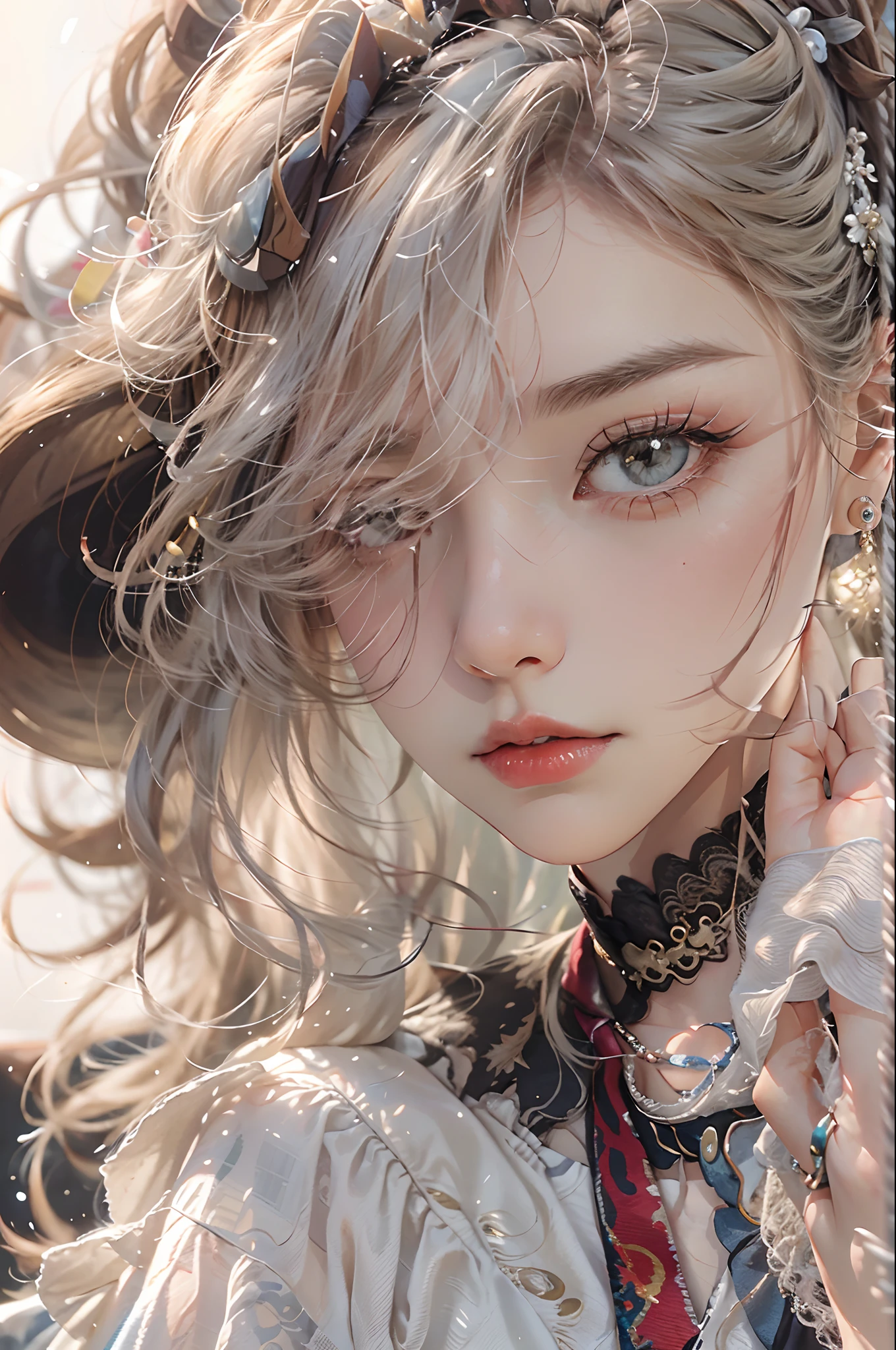 (Hyper-realistic) , (illustratio), (Increase the resolution), (8K), (RAW photos,best qualtiy),(realisticlying,photograph realistic:1.3),best qualtiy,highly detailed,tmasterpiece,Hyper-detailing,( the wallpaper), (详细的脸), 独奏,1girll,Moyou,Realistic, Universe, Lucy was wearing a full dress, hair flower, hair scrunchie, hair adornments, ribbon, Ribbon trim, Lace trim, necklace, jewelry, bangle, Stud earrings, choker necklace,Fantasyart,photographrealistic,动态照明,art stations,poster for,Volumetriclighting,Very detailed faces,4 k'',Award-Awarded,,1girll,in the darkness nigth,deep shading,low tune,Cowboy photos,(formal outfit:1.4),long whitr hair,whaite hair,