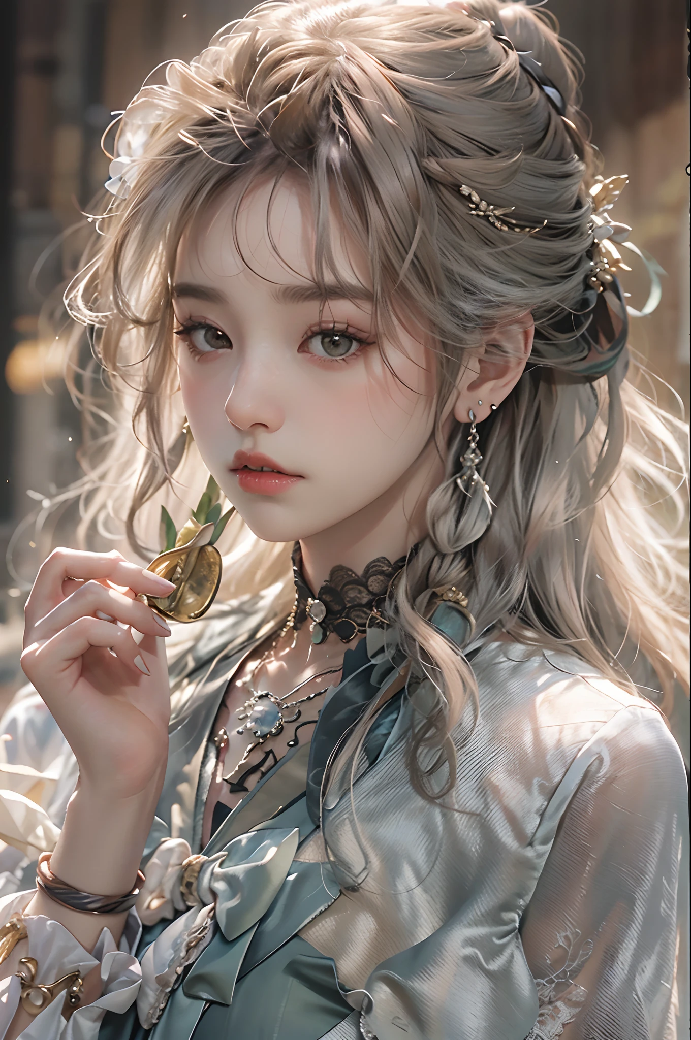 (Hyper-realistic) , (illustratio), (Increase the resolution), (8K), (RAW photos,best qualtiy),(realisticlying,photograph realistic:1.3),best qualtiy,highly detailed,tmasterpiece,Hyper-detailing,( the wallpaper), (详细的脸), 独奏,1girll,Moyou,Realistic, Universe, Lucy was wearing a full dress, hair flower, hair scrunchie, hair adornments, ribbon, Ribbon trim, Lace trim, necklace, jewelry, bangle, Stud earrings, choker necklace,Fantasyart,photographrealistic,动态照明,art stations,poster for,Volumetriclighting,Very detailed faces,4 k'',Award-Awarded,,1girll,in the darkness nigth,deep shading,low tune,Cowboy photos,(formal outfit:1.4),long whitr hair,whaite hair,