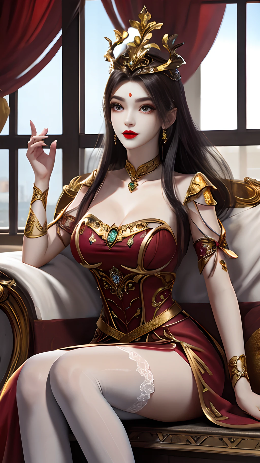 A beautiful queen, wearing a red antique dress with gold trim, beautiful face, long hair, a golden crown on her head, mysterious neck and hair jewelry, light red iris, round big eyes, thin and sharp eyebrows, every detail details of meticulous and sharp eyelashes, red lipstick petite lips, slender shoulders, (Big breasts: 1.2) Plump breasts, large, round and regular breasts, slender waist, RAW photos, detailed photos, highest quality photos, 8k queen, long legs, white stockings,