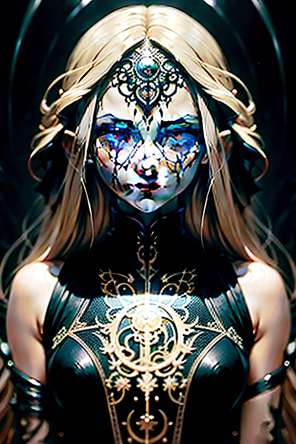 The demon in my head, Emma Watson, Long curly blonde hair, olpntng style, Dark art, Bloody eyes , Dark eyes, Blood, hoarfrost metal lace, fantasy, Sunlight, rays of sunshine, intricately details. 8K, Dreamlike, surrealism, Symmetrical, Soft lighting, trending on artstationh, Intricate details, Highly detailed, illusory engine, author:ross tran, Phlegm sputum, phlegm, Artgerm and James Jean, Brian Froud, art illustration by Miho Hirano, Neimy Kanani, oil on the canvas:Aykut Aydogdu, Oil painting, Heavy strokes, paint drips, aspect::4:3
