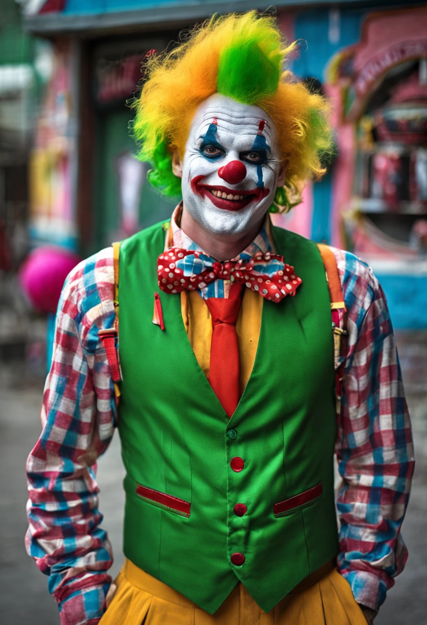 映画Jokerのような,hair is yellow,Hats come in three colors,Realな人間,Illustration is different,clown,Joker,Face white,Cross painted on eyes,Yellow hair,Three-color hat,whole body,4K,high resolution,uncle,Real,Real Humans,Man in his 40s,The hat is white, blue and red,Star-patterned clothing,White gloves,Big red paint on mouth,The hat is white, red and blue,whole bodyは青と赤と白,bow tie is red,The hat is white with red and blue stripes.,Scary face,Angry,Vertical stripes,