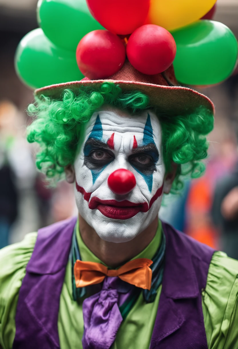 man with green hair wearing clown makeup, joker makeup, wearing bizarre clown makeup, clown makeup, real clown makeup, realistic clown makeup, remarkable joker make up, as the joker, scary clown, amusement park on the background