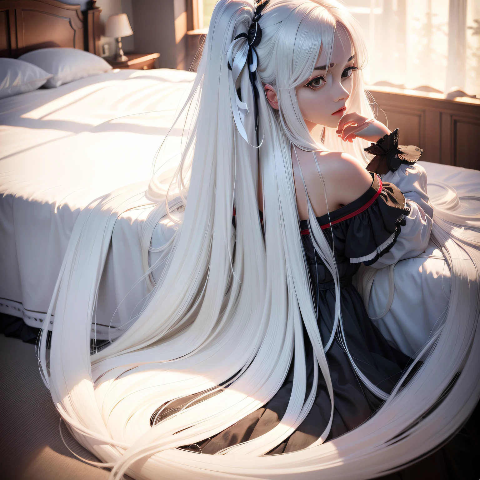 White tones，white colors，Sexy Girl ，from the rear，tiny body，Petite，whaite hair，White hair，White bed，transparent silk pajamas ，thick long hair，Empty space，Pure white space