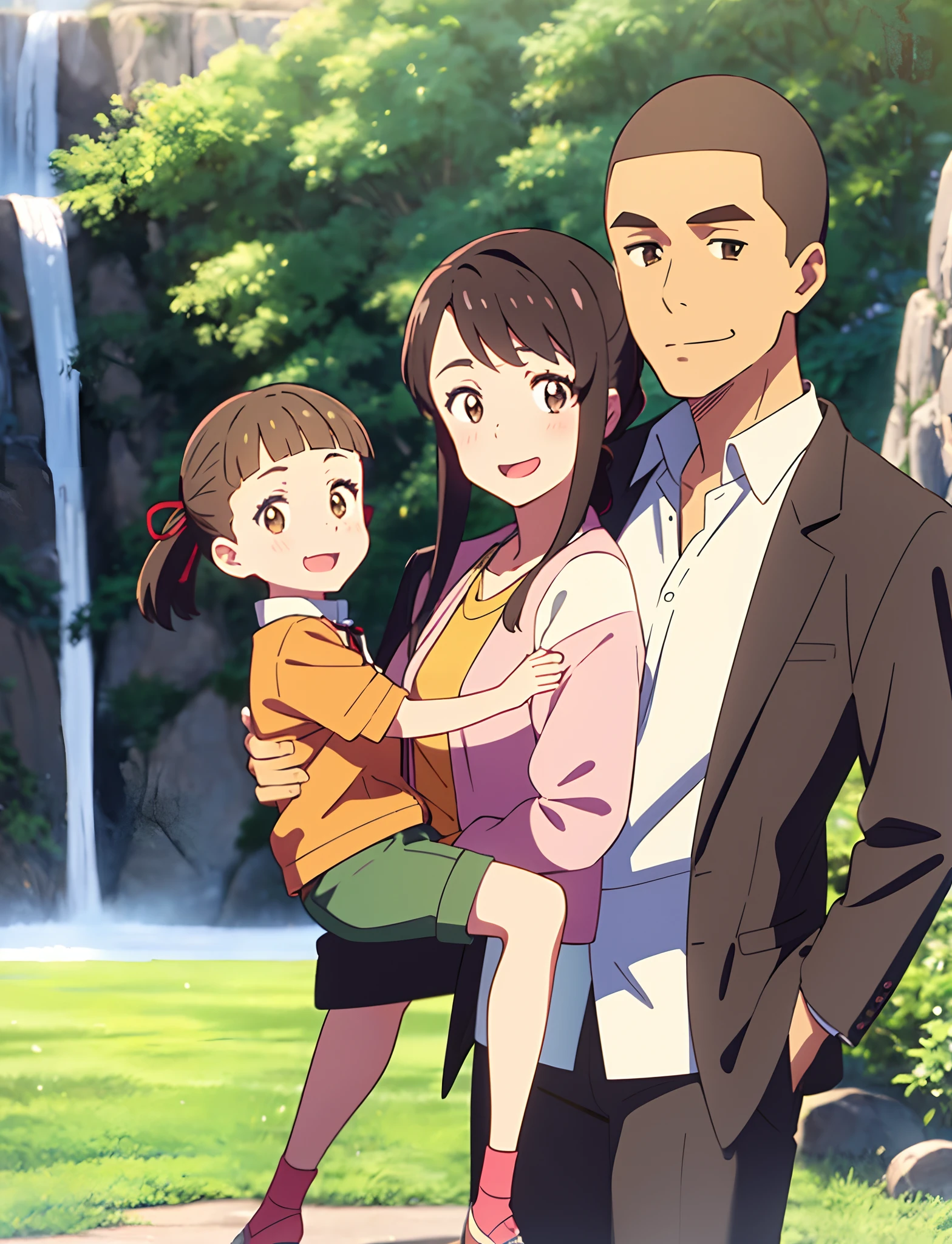 shinkai makoto, kimi no na wa., family of four,1boy, buzzcut, brown jacket, open clothes, white shir, grey pants, dad, 1girl, bangs, Brown eyes, waterfall braid, red ribbon, long hair, light pink cardigan, open clothes, yellow shirt, orange pants, carrying child, mother, busband and wife, 2 childs, daughter and son, 1girl, child, small height, bangs, brown hair, ponytail, red ribbon, open mouth, smile, looking at viewer, shorts, shirt, jacket, 1boy, child, small height, buzzcut, brown eyes, close mouth, yellow jacket, green pants, family, family photo, cute adorable