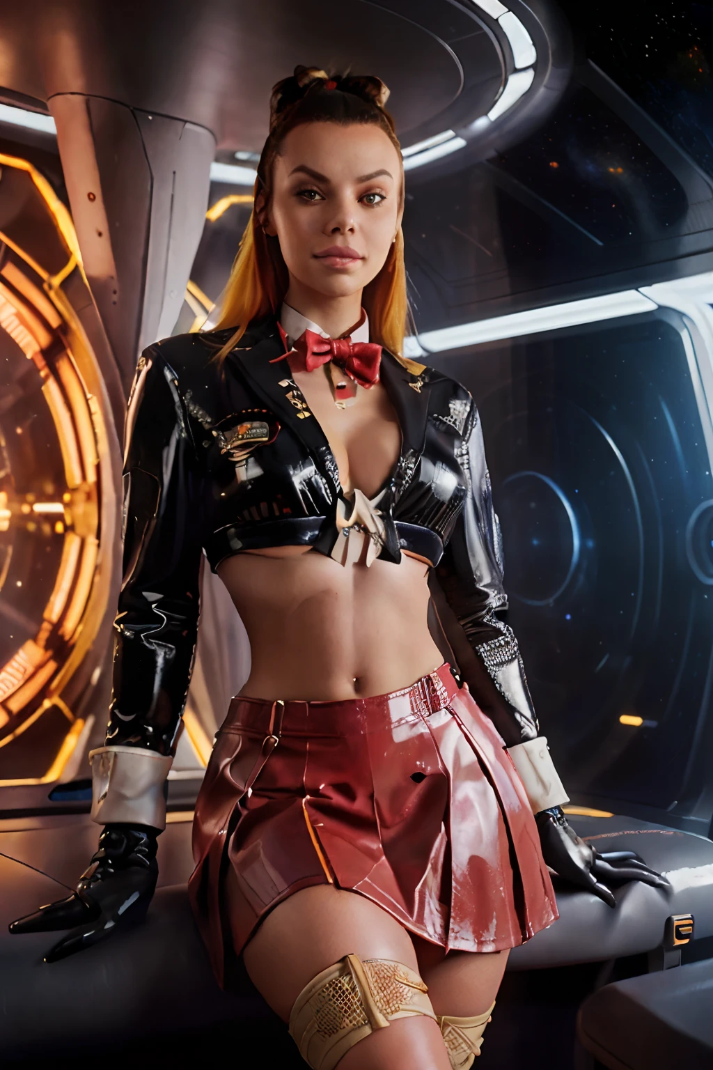 8k, ARTISTIC photography, best quality, masterpiece: 1.2), (realistic, photorealistic: 1.37)` Movie still from 2001: A Space Odyssey movie directed by (Stanley Kubrick), (cyberpunk girl ), ((((liv morgan))) , (evil smile) , beautiful body, voluptuous body, thick thighs, (( red latex blazer, red school skirt, gloves, loafers, bowtie,  (((over-detailed clothing))), ((syd mead)), IN A realistic futuristic space station.. background,