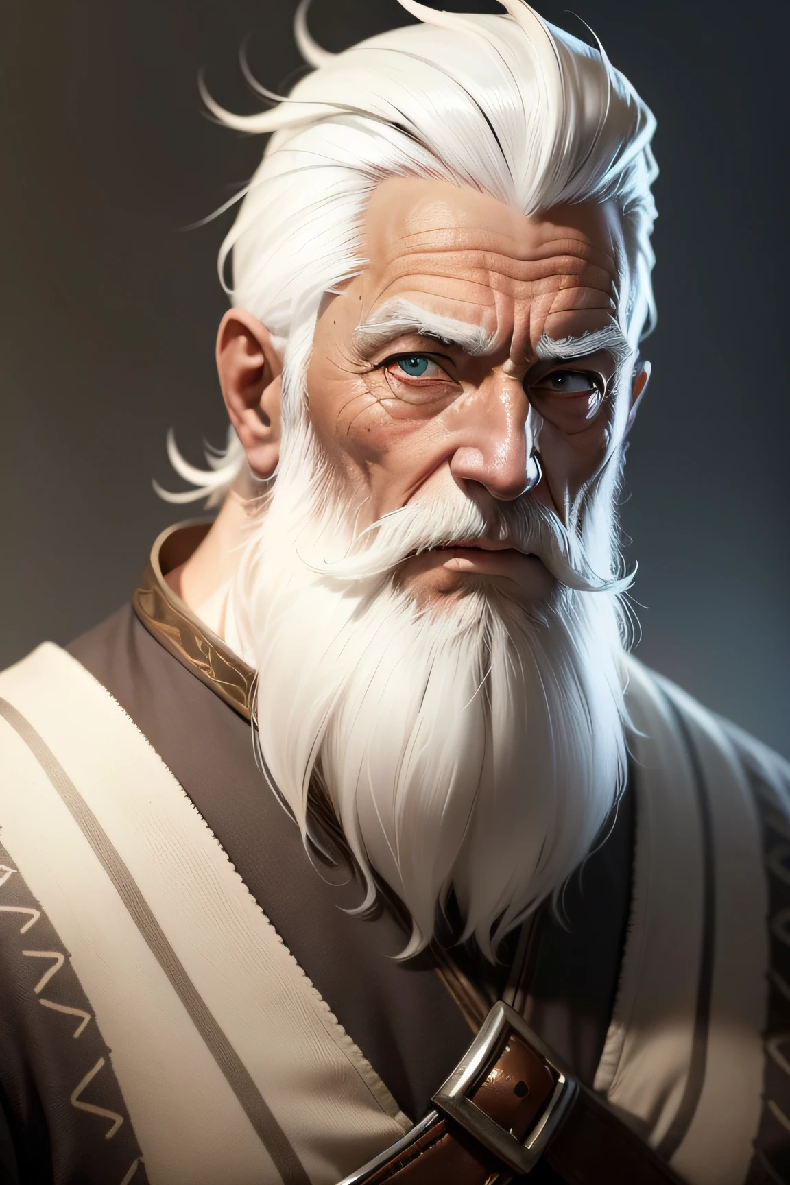An elder with white hair and beard, pele enrugada, olhos azuis, fisionomia serena