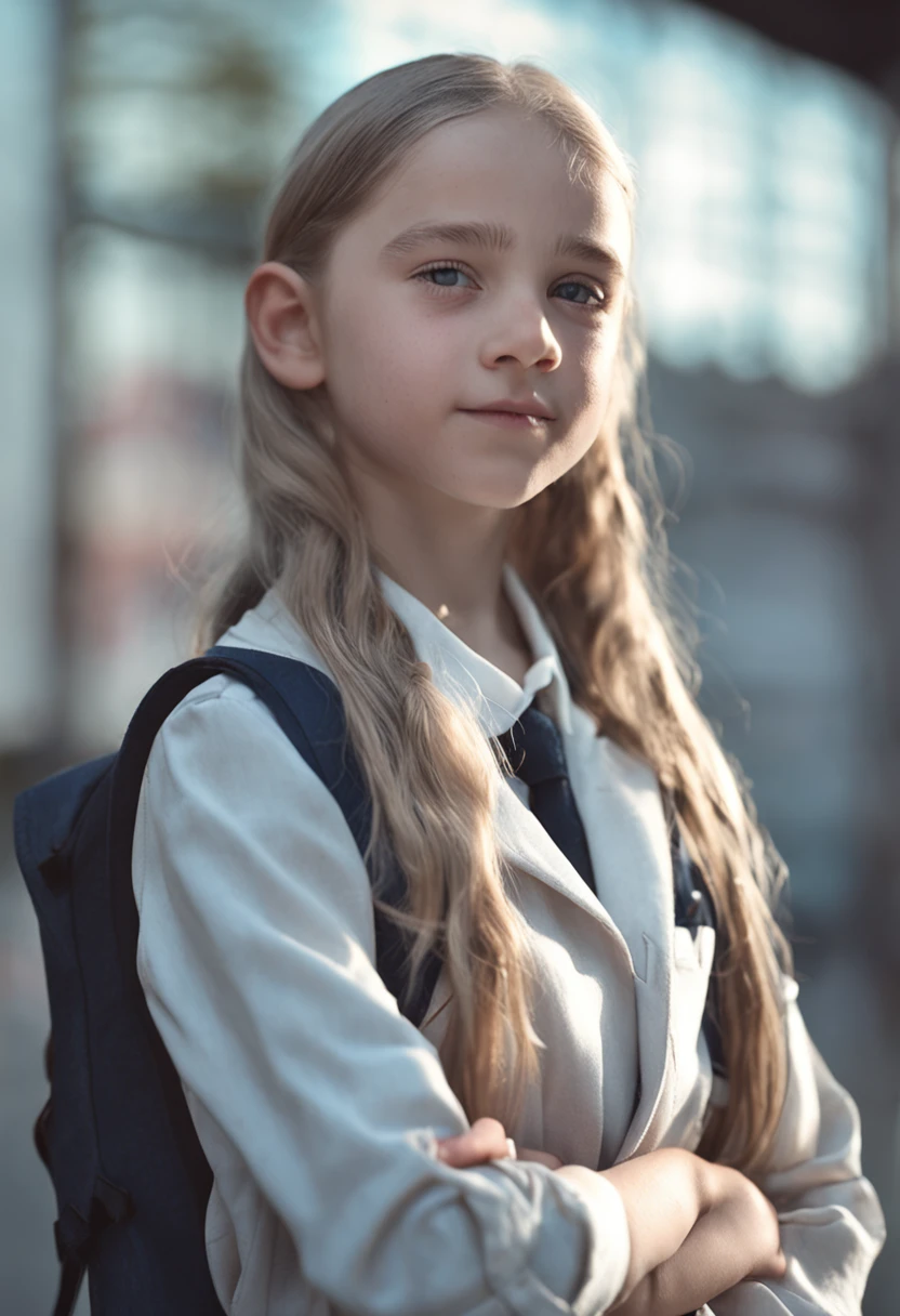 (8K,Raw photo,best quarity,masutepiece:1.3),(Realistic,photographrealistic:1.2),(Sweet face of a -yeld gi1.2),1girl in,Solo,(School uniform),Blue eyes,School uniform,Blurry,Jacket,White hair,Lips,(hair between eye:1.2),Blurry background,Looking at Viewer(Simple background:1.2)