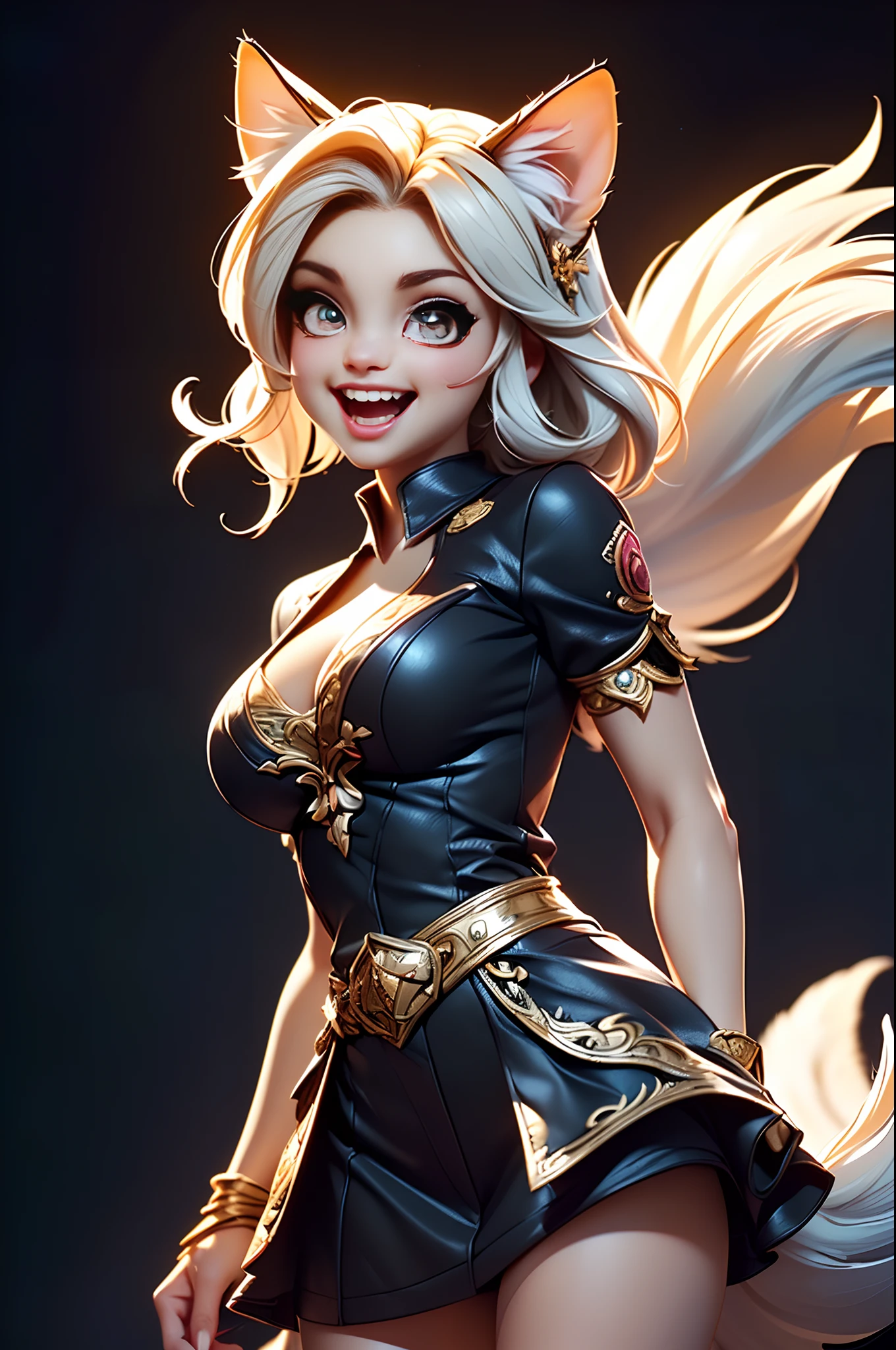 (Beautiful woman face:1.5), (Cute image standing all over the body:1.5), (Cat-like furry body and cat's paws:1.5), (The paw is on the chin:1.2), (Cute), ( anime styled 3d:1.5), pleatedskirt, White color blouse, (Hairy limbs:1.45), (Very long, Fluffy fox tail:1.45), (Extremely detailed CG Unity 16k wallpaper:1.3), Dynamic Angle, the golden ratio, (tmasterpiece:1.37), (Detailed:1.15), (view the viewer), Cinematic light, Side lighting, hdr, Perfect iris, (+Perfect hand+:1.21), Lifelike texture, (realisticlying:1.37), (happy laughing:1.3), Ray tracing, hyper HD, (Best quality:1.13)