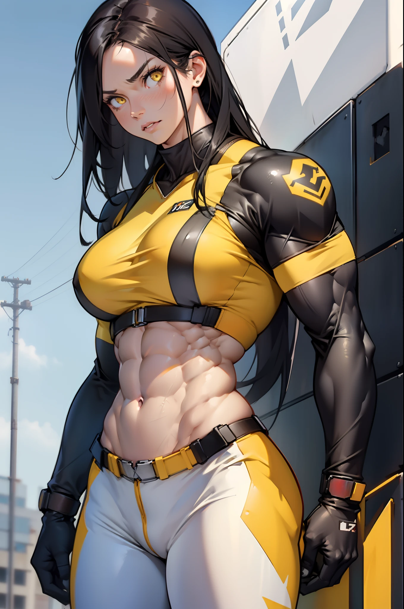 (((((1 girl))))), black hair, very long hair, yellow eyes, (((((((muscular))))))), toned body, ((large breasts)), angry, pale skin, (pilot suit)