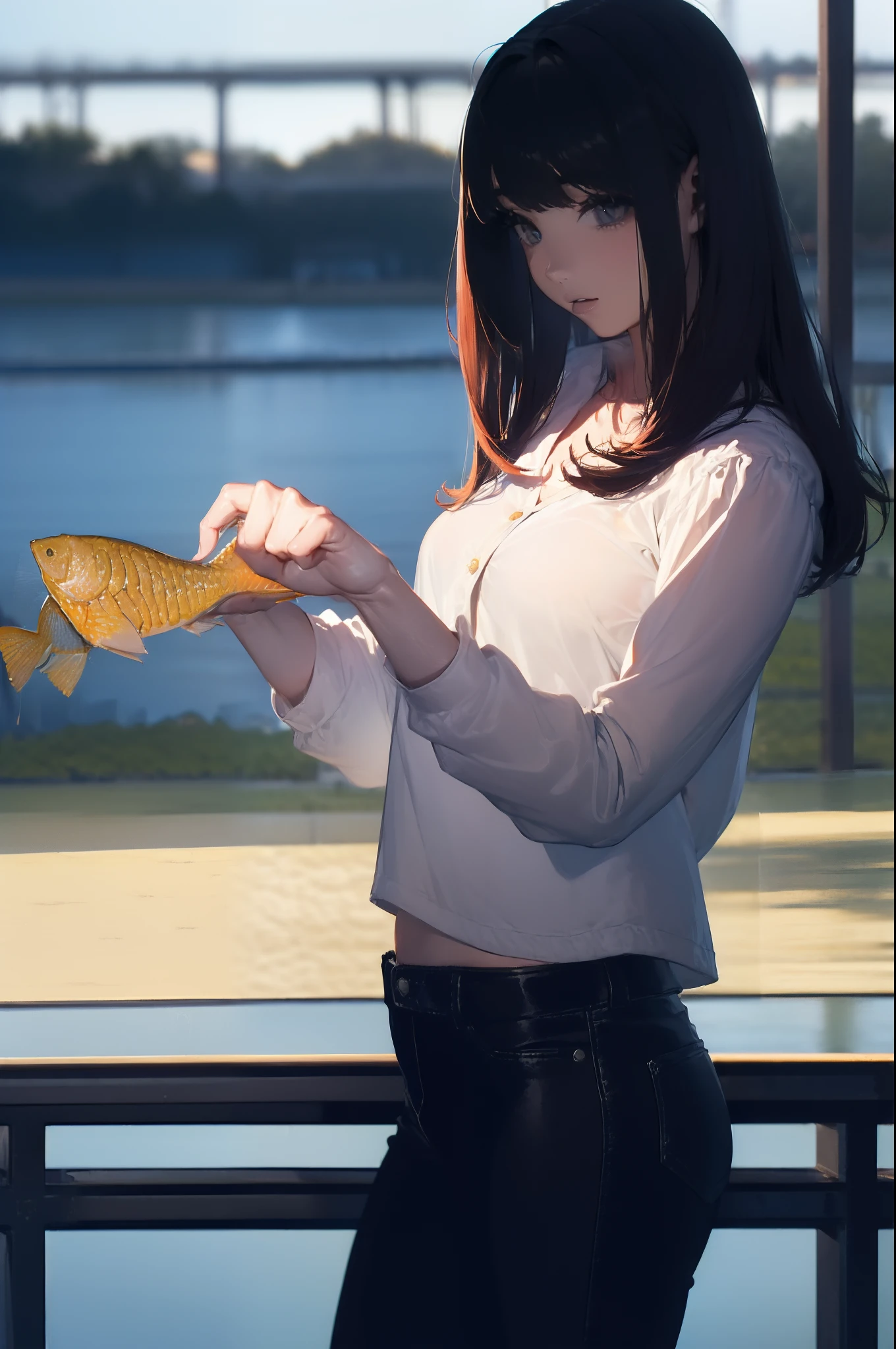 ((((Catching a big fish by the lake:1.5)))),((Female 28 years old)),((Best Quality:1.5)),(((Hands with the correct number and structure of fingers:1.4))),((Big fish:1.37)),hight resolution,ultra-detailliert,masterpiece,best qualtiy,(Eight-headed body),Black hair, long eyes-lashes, Solid Circle Eyes, drop shadow, Atmospheric perspective,Super Detail, ccurate, small brest,(Black jacket and black jeans :1.1),top-quality, blurry backround, bokeh dof:1.2, (masterpiece:1.3), Atmospheric perspective,Super Detail,dynamic compositions,