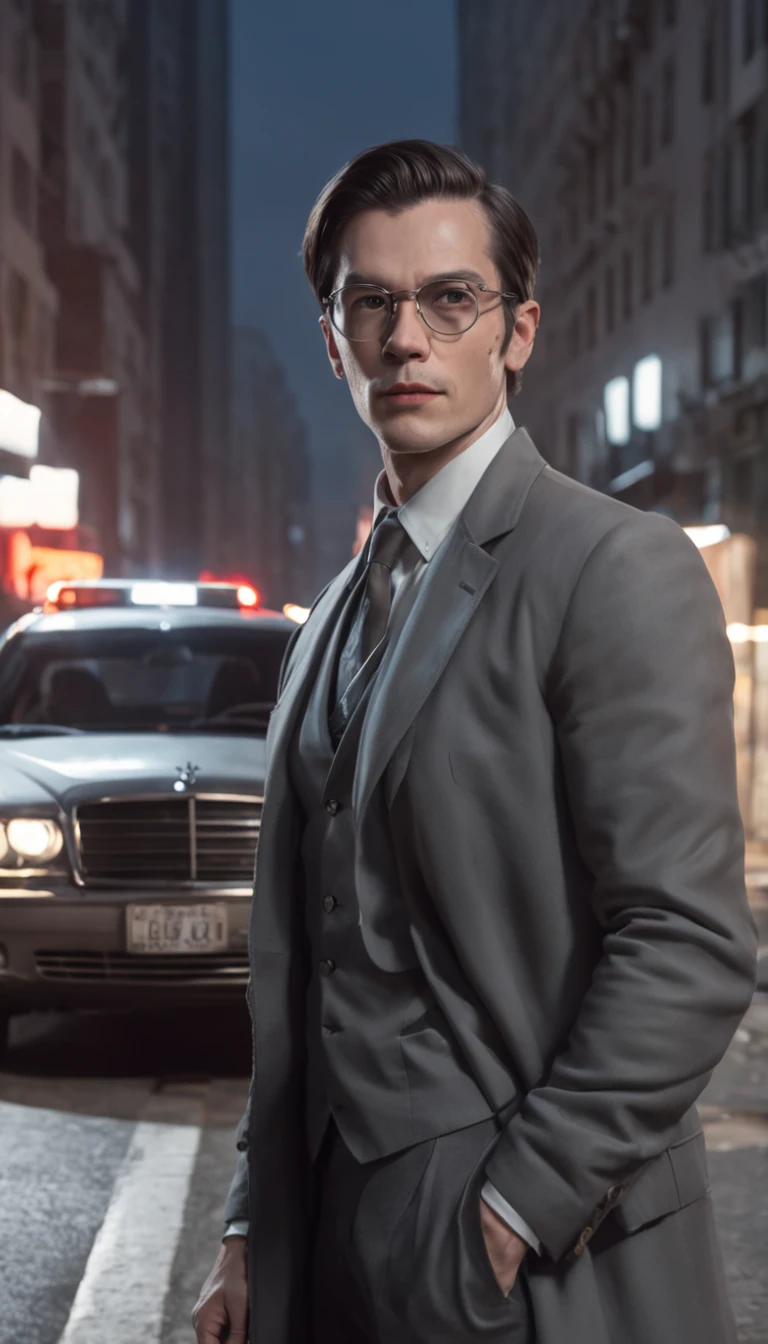 a drawing of a man wearing glasses, com um (face hiper-detalhada:1.4), vestindo jaqueta preta, Descompactou, posing next to his silver gray sedan car. Rua, Noite, illuminated buildings, fundo hiper-realista, (desfoque de fundo:1.3). Maintain proportions. Arte por Alex Ross, circunstanciado, 8k
