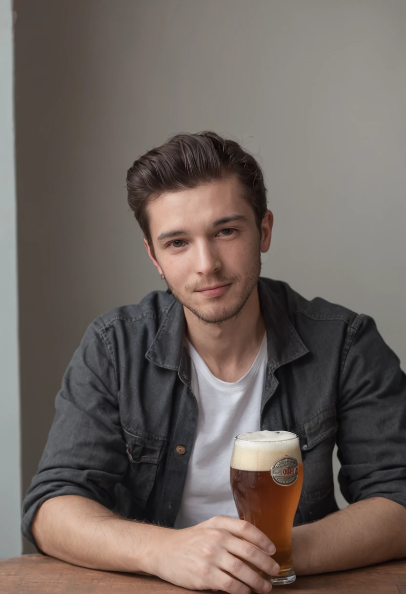 There's a man sitting at a table with a bottle of beer, bebendo cerveja, bebendo uma cerveja, segurando garrafas de cerveja, parece Jerma985, 2 3 anos, 2 2 anos, 21 anos, 2 8 anos, foto de perfil 1024px-