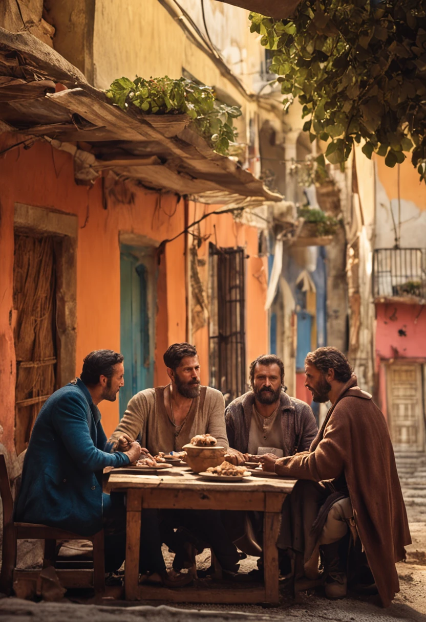 5 homens na grecia antiga comendo em uma mesa conversando sobre filosofia