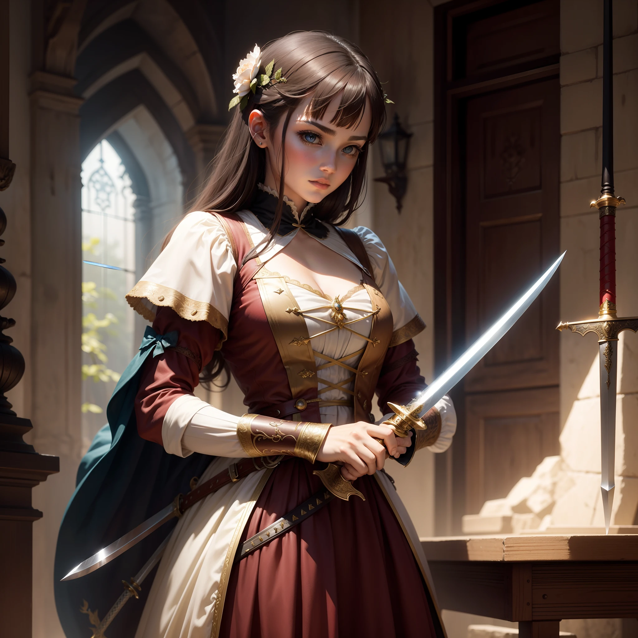 fantasy,extremely beautiful,period costume,Sword repair,