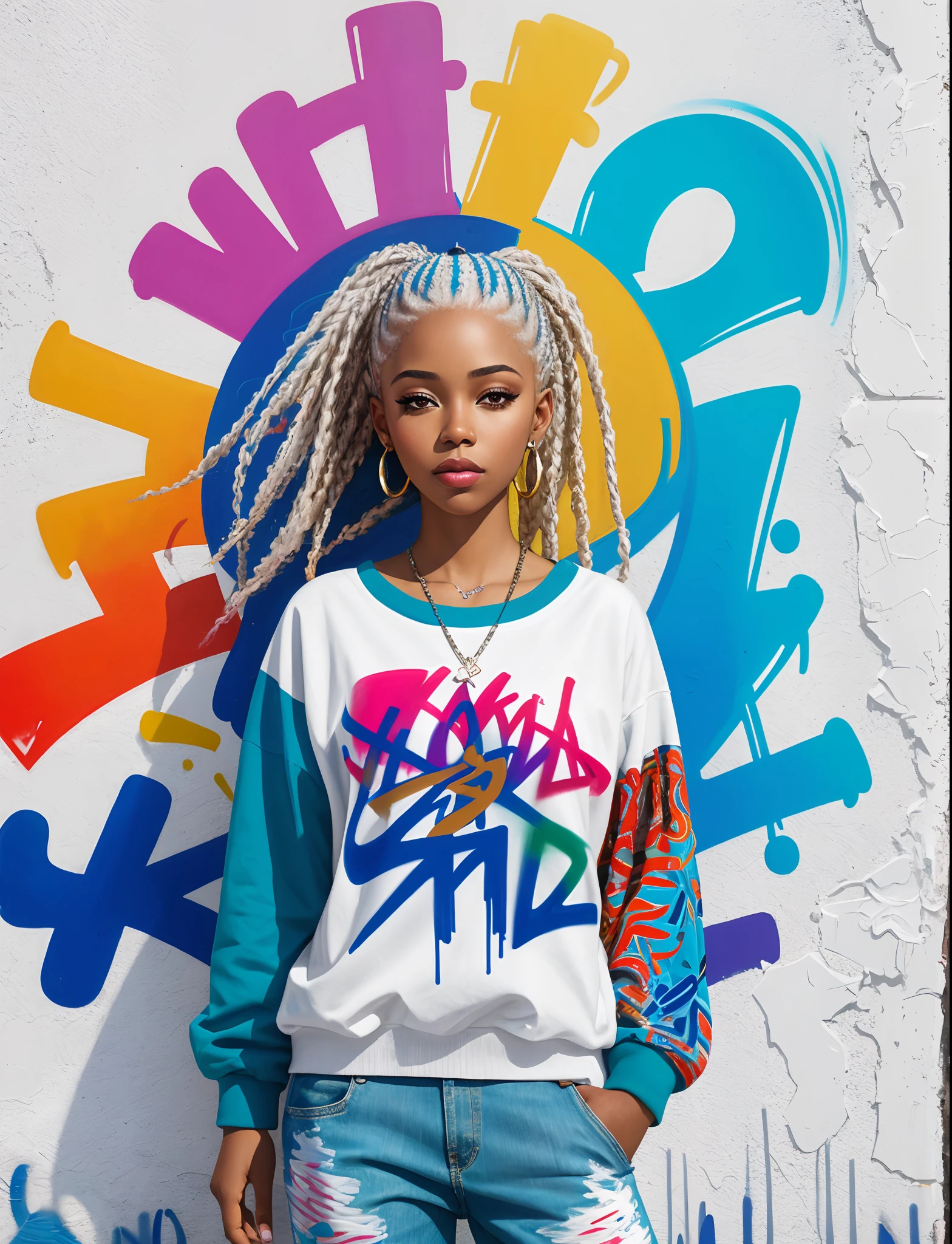 Graffiti painting, street art, 32k extremely detailed CG unit wallpaper, 32k landscape, artwork, masterpiece, best quality, amazing light brushstrokes, of a 24 year old African American girl with platinum hair in graffiti style on a white wall with vibrant colors.