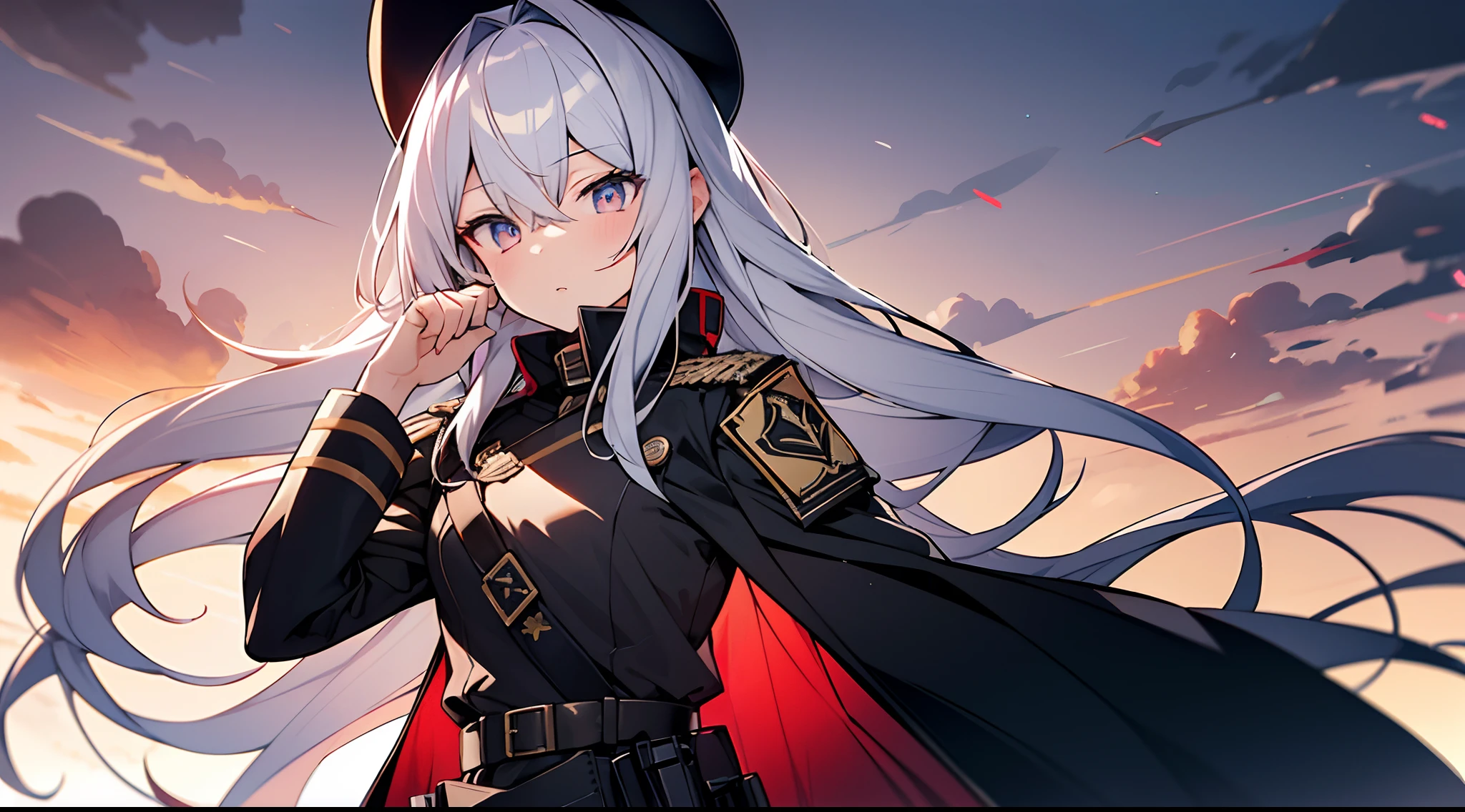 Hyper-detailing,A high resolution,best qualtiy,8k wallpaper,Black military uniform,,Blue pupil,Long white hair,Perfectcomposition,Soft hair,Majesty,expressiveless,black glove,Broken battlefield,Red sky,Gunsmoke fills,Broken Earth
