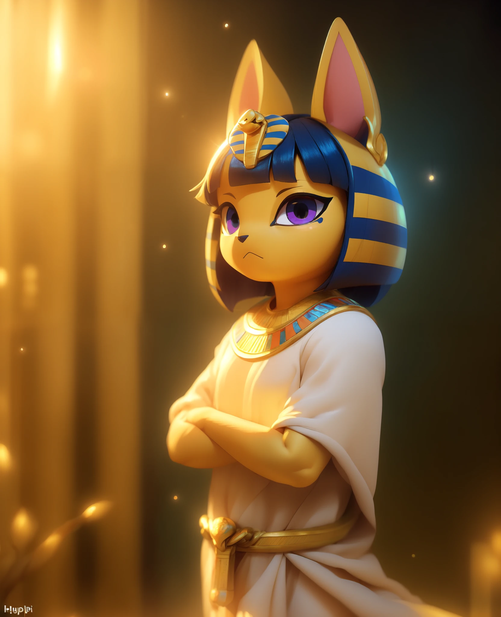 uploaded on e621, ((by Hyilpi, by Supplesee, by Dagasi, Animal Crossing)),
solo ((chibi ankha \(animal crossing\))) with ((yellow body)) and (navy blue short hair) and (purple hypnotic eyes),
(wear egyptian white dress, egyptian mythology, flat chested,:<, crossed arms:1.2), ((detailed fluffy fur)),
(three-quarter portrait, looking at viewer, three-quarter view:1.35),
BREAK
(egyptian room, yellow wall, egyptian symbol:1.25), (starry, fog, mist)
(detailed background, depth of field, half body shadow, sunlight, ambient light on the body),
(digital painting \(artwork\), photoshop \(medium\), painttool sai \(medium\):1.3)
(masterpiece, best quality, ultra realistic, 4k, 2k, (high detail:1.3),
(3d \(artwork\):1.2), blender \(software\), (soft focus:1.1), ray tracing, (unreal engine:1.3), absurd res)