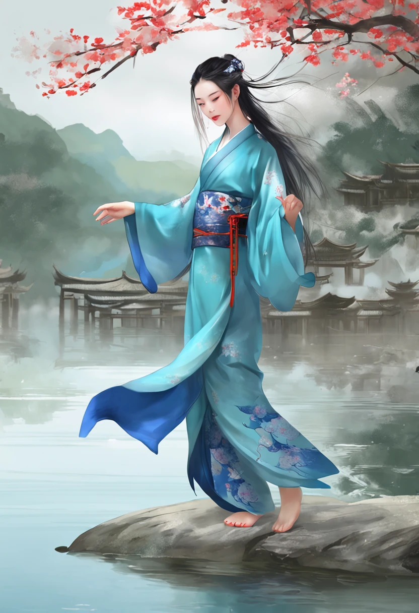 Chinese painting, lotus, hanfu, maxiskit, dress conservatively 1girl, solo, long blue hair, smile, standing, feet in the water, barefoot