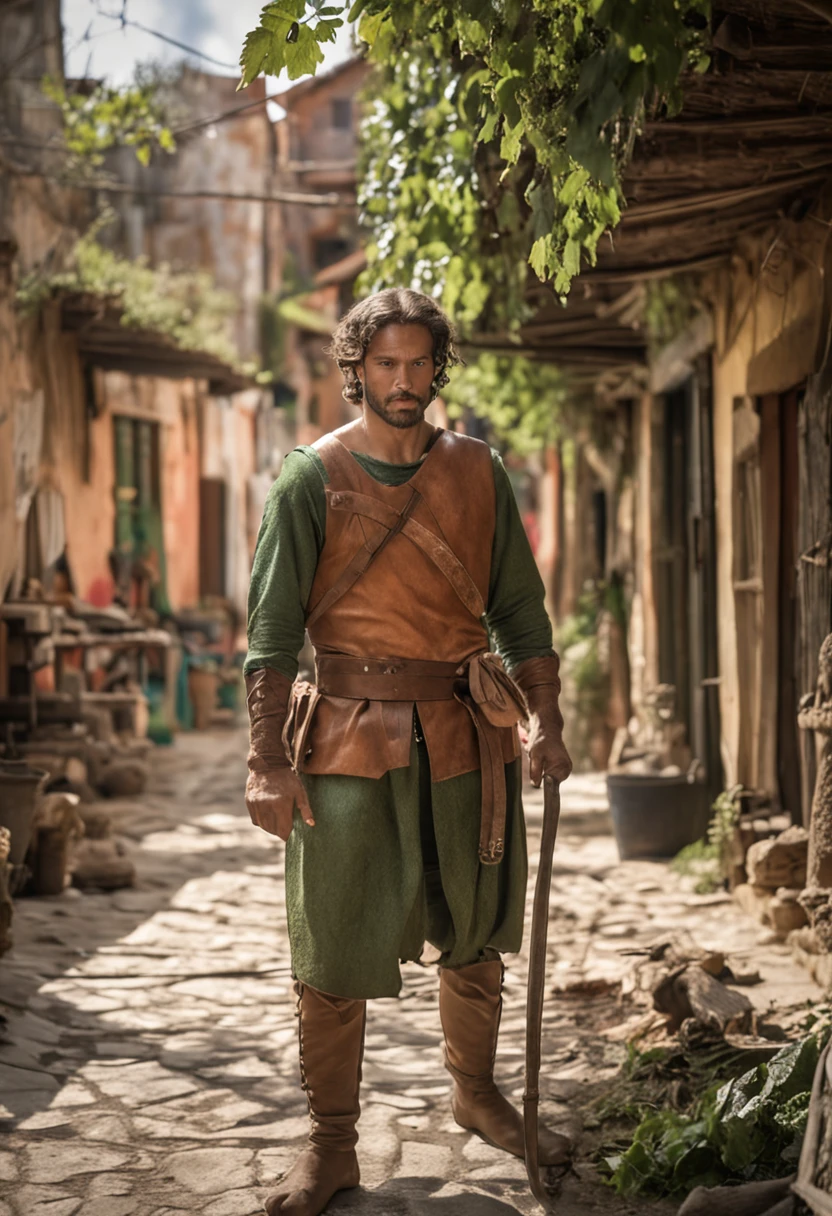 Full body full body photo of a Gorgeos guy in the green of a sixteenth-century village shop, e pleiteando ajuda. He's so strong. Trata-se de um jovem de 25 anos, um jovem atarracado e forte, who wears a stained leather apron and works with his hands;. ::imagem cristalina, altamente detalhado, Magic touches, Ultra high resolution, Widescreen aspect ratio, cinemactic, Fotografia Completa, Fotografado na lente de 100mm, Ultra - grande angular, profundidade de campo, hiper - detalhado, lindamente colorido, detalhes insanos, detalhes intrincados, Motor irreal, cinemactic, color grading, cinematic photography, fotografia, Fotografado em lente de 150mm, profundidade de campo, DOF, Tilt Blur, Velocidade do obturador 1/ 1000, F/ 22, White balance, 32k, Super - Resolution, Megapixel, ProPhoto HDR, SEX, Massive, Halfrear Lighting, luz de fundo, natural lighting, Incandescente, fiber optics, Moody Lighting, Cinematic lighting, studio lighting, soft lighting, volumetric, beautiful lighting, highlight lighting, global ilumination, Global Screen Space Illumination, Ray Tracing Global Illumination, Optics, blonde hair, curly hair, Green eyes, light smile, naughty face, determined, wide shot, Canon, En plein air, 8k, masterpiece, super detail, high details, best quality, Scattering, brilhante, Sombras, Rough, Cintilante, ray tracing reflections, Lumen reflections, screen space reflections, Diffraction Grading, chromatic aberration, Deslocamento de GB, Linhas de varredura, Ray Traced, Ray Tracing Ambient Occlusion, anti - aliasing, FKAA, TXAA, RTX, SSAO, Shaders, OpenGL - Sombreadores, GLSL - Sombreadores, Post processing, post - production, O Sombreamento, Mapeamento de tons, .cgi, VFX, SFX, Insanamente detalhado e intrincado, hipermaximalista, hyper realistic, super detalhado, dynamic pose, fotografia --v 5.0 --s 1000