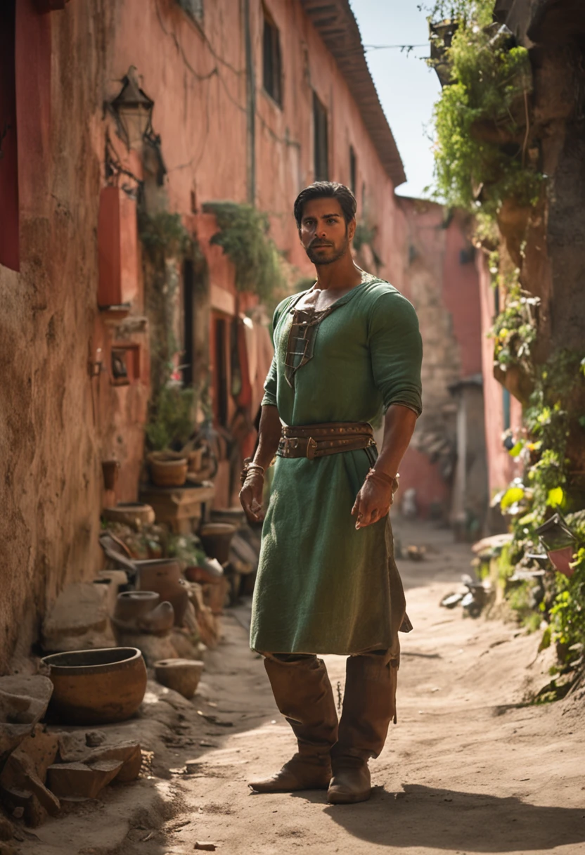 Full body full body photo of a Gorgeos guy in the green of a sixteenth-century village shop, e pleiteando ajuda. He's so strong. Trata-se de um jovem de 25 anos, um jovem atarracado e forte, who wears a stained leather apron and works with his hands;. ::imagem cristalina, altamente detalhado, Magic touches, Ultra high resolution, Widescreen aspect ratio, cinemactic, Fotografia Completa, Fotografado na lente de 100mm, Ultra - grande angular, profundidade de campo, hiper - detalhado, lindamente colorido, detalhes insanos, detalhes intrincados, Motor irreal, cinemactic, color grading, cinematic photography, fotografia, Fotografado em lente de 150mm, profundidade de campo, DOF, Tilt Blur, Velocidade do obturador 1/ 1000, F/ 22, White balance, 32k, Super - Resolution, Megapixel, ProPhoto HDR, SEX, Massive, Halfrear Lighting, luz de fundo, natural lighting, Incandescente, fiber optics, Moody Lighting, Cinematic lighting, studio lighting, soft lighting, volumetric, beautiful lighting, highlight lighting, global ilumination, Global Screen Space Illumination, Ray Tracing Global Illumination, Optics, blonde hair, curly hair, Green eyes, light smile, naughty face, determined, wide shot, Canon, En plein air, 8k, masterpiece, super detail, high details, best quality, Scattering, brilhante, Sombras, Rough, Cintilante, ray tracing reflections, Lumen reflections, screen space reflections, Diffraction Grading, chromatic aberration, Deslocamento de GB, Linhas de varredura, Ray Traced, Ray Tracing Ambient Occlusion, anti - aliasing, FKAA, TXAA, RTX, SSAO, Shaders, OpenGL - Sombreadores, GLSL - Sombreadores, Post processing, post - production, O Sombreamento, Mapeamento de tons, .cgi, VFX, SFX, Insanamente detalhado e intrincado, hipermaximalista, hyper realistic, super detalhado, dynamic pose, fotografia --v 5.0 --s 1000